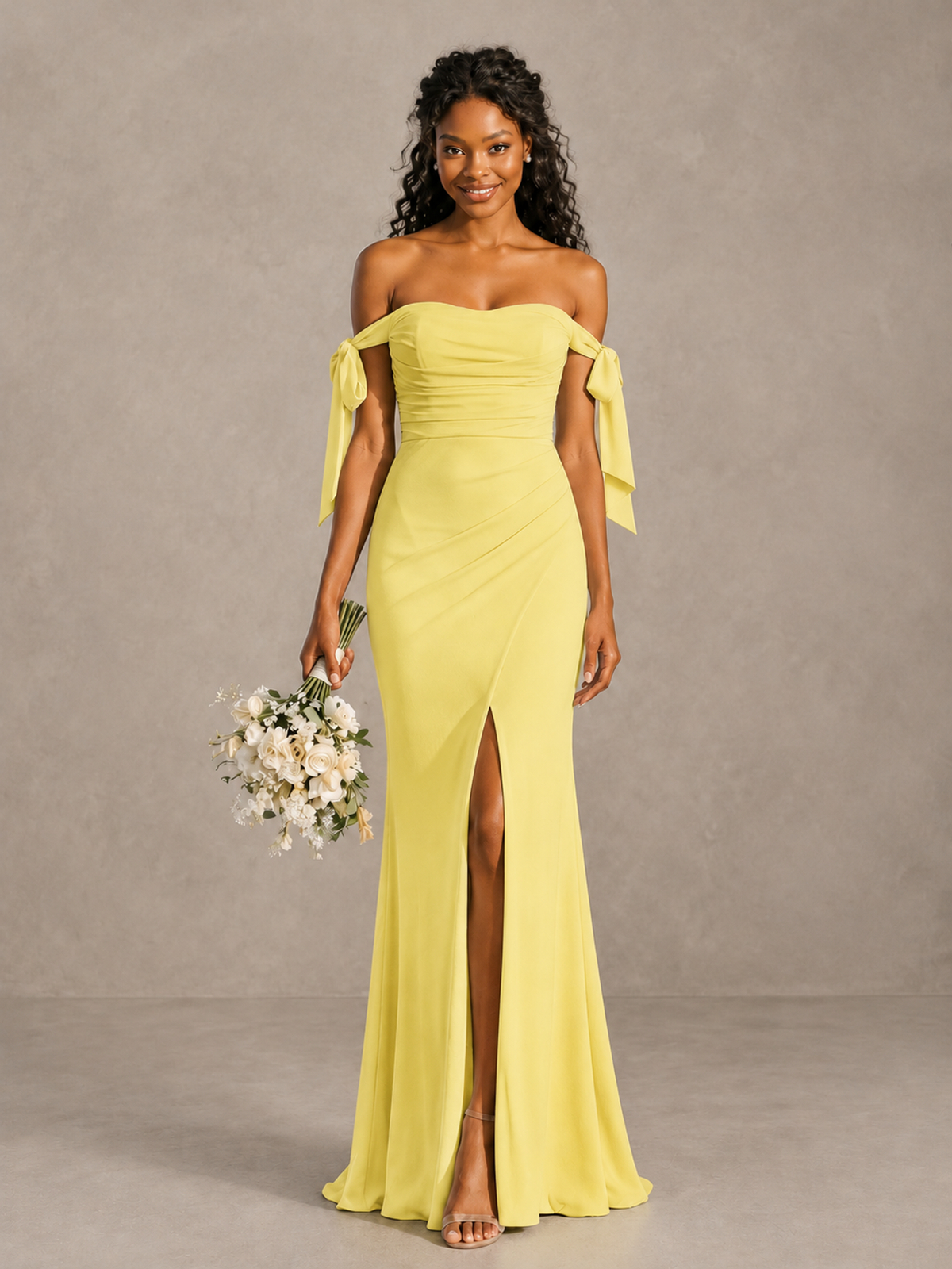 Yellow Off-Shoulder Bow Bridesmaid Dress with Slit - Yellow - Yellow (1)