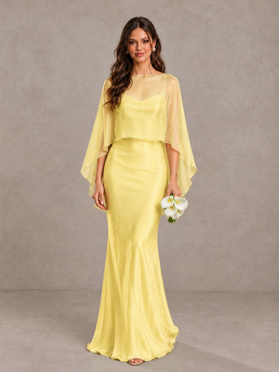 BOLODOO Yellow Satin Mermaid Bridesmaid Dress with Chiffon Cape - Yellow - Yellow (1)