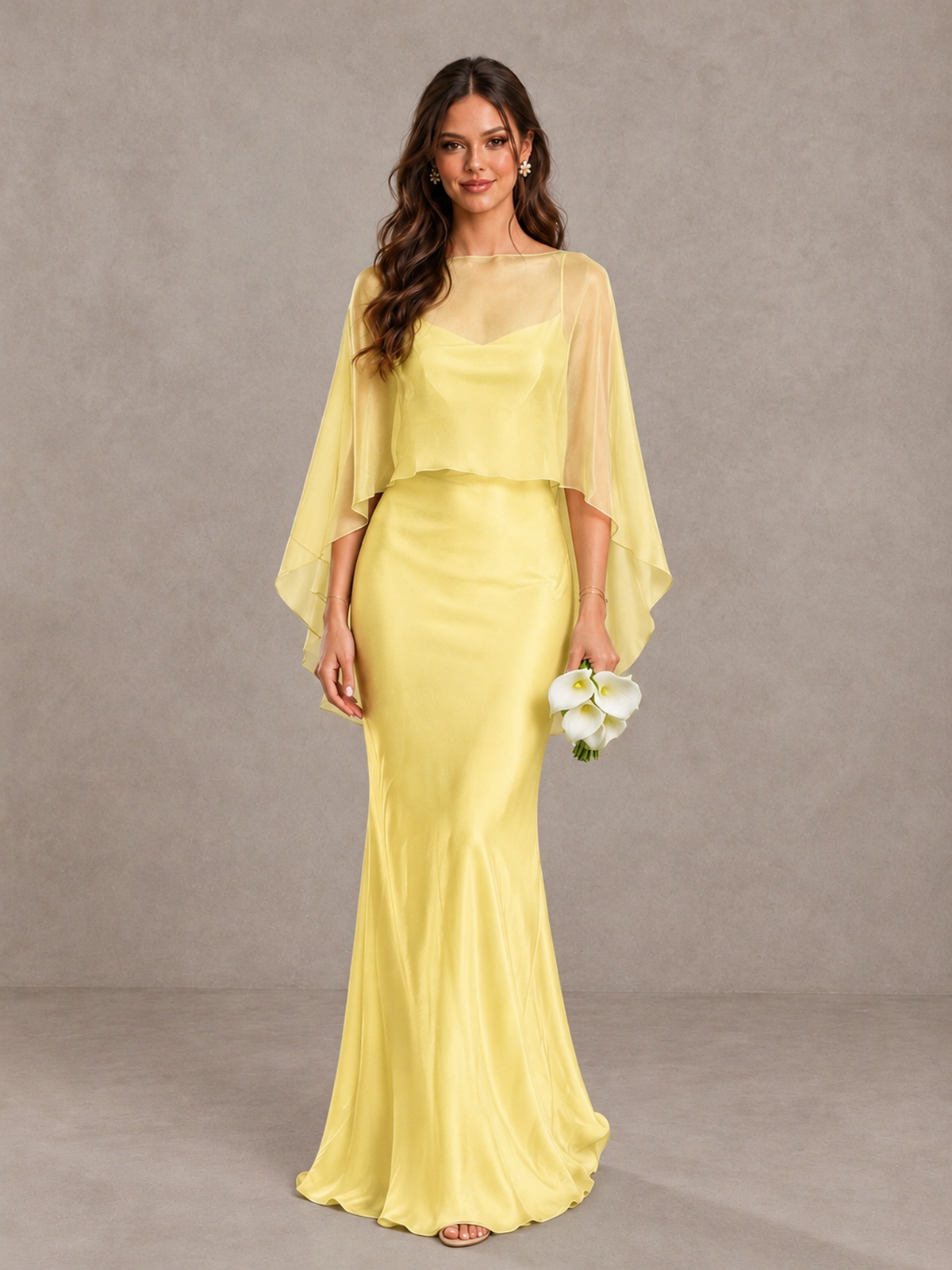 BOLODOO Yellow Satin Mermaid Bridesmaid Dress with Chiffon Cape - Yellow - Yellow (1)