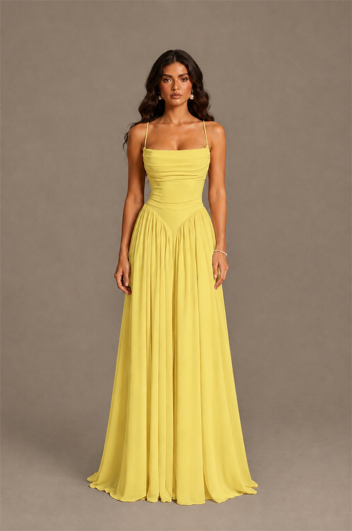 BOLODOO Yellow Spaghetti Strap Square Neck Ruched Chiffon Maxi Dress with Lace-Up Back - Yellow