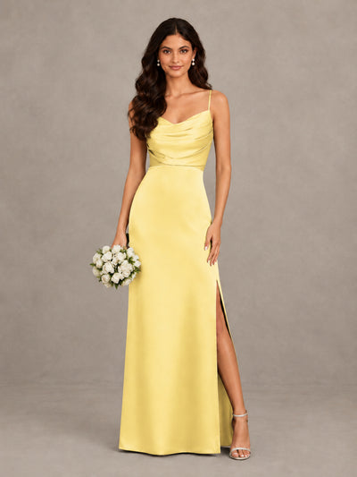 BOLODOO Yellow Cowl Neck Satin Bridesmaid Dress with Slit - Yellow - Yellow (1)