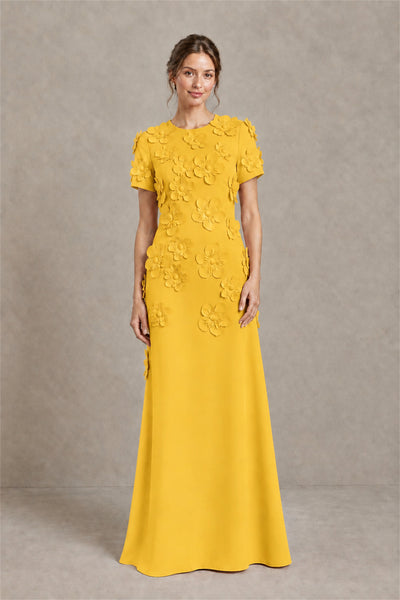BOLODOO Yellow Textured Floral Maxi Dress with Short Sleeves - Yellow