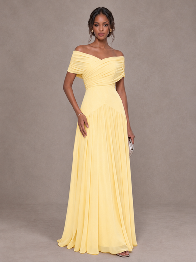 BOLODOO Yellow Off-Shoulder Ruched A-Line Bridesmaid Dress - Yellow - Yellow (1)