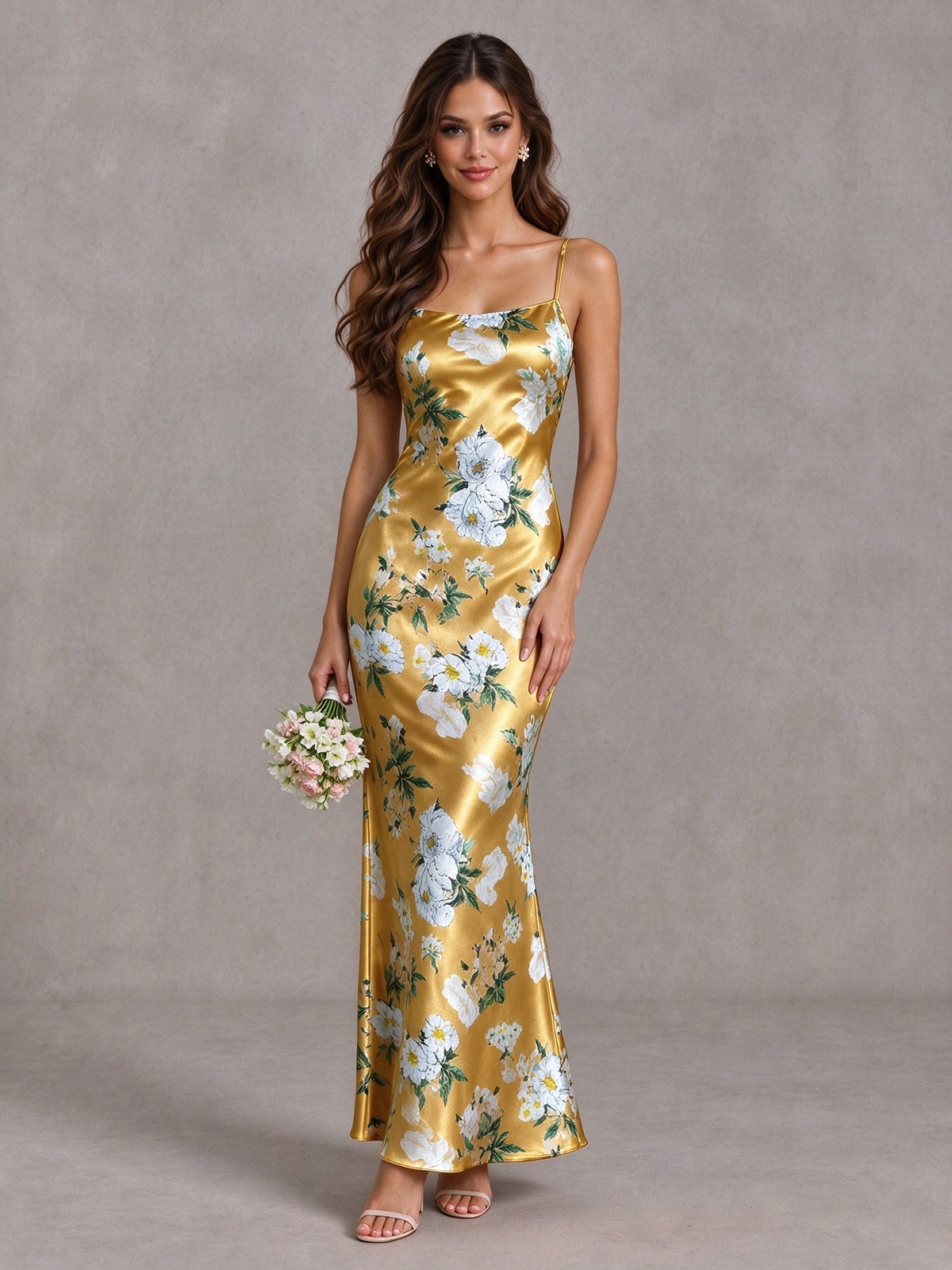 BOLODOO Yellow Floral Satin Bridesmaid Dress with Cowl Back - Yellow - Yellow (1)