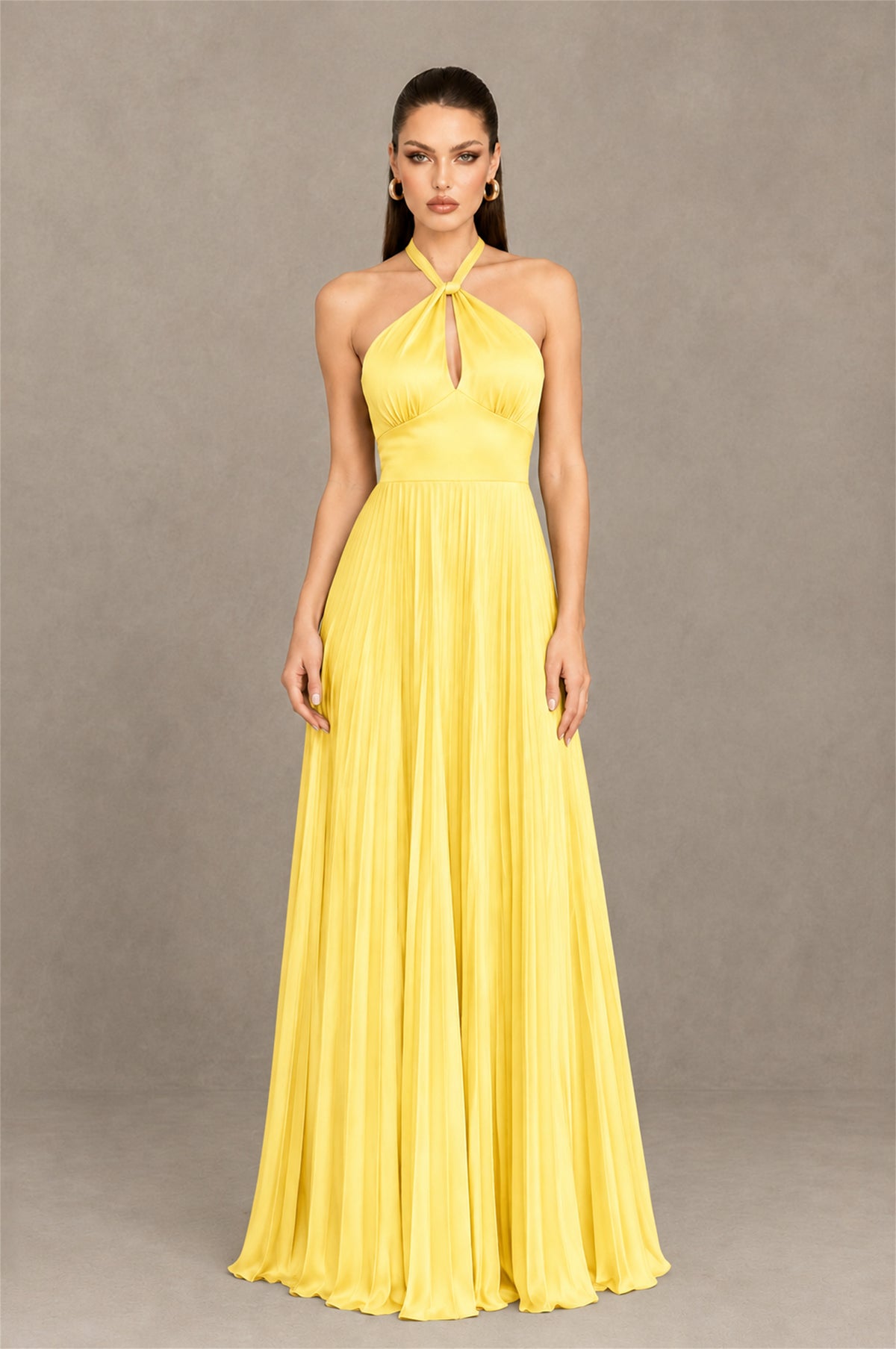 BOLODOO Yellow Halter Pleated A-Line Evening Dress - Yellow - Yellow (1)