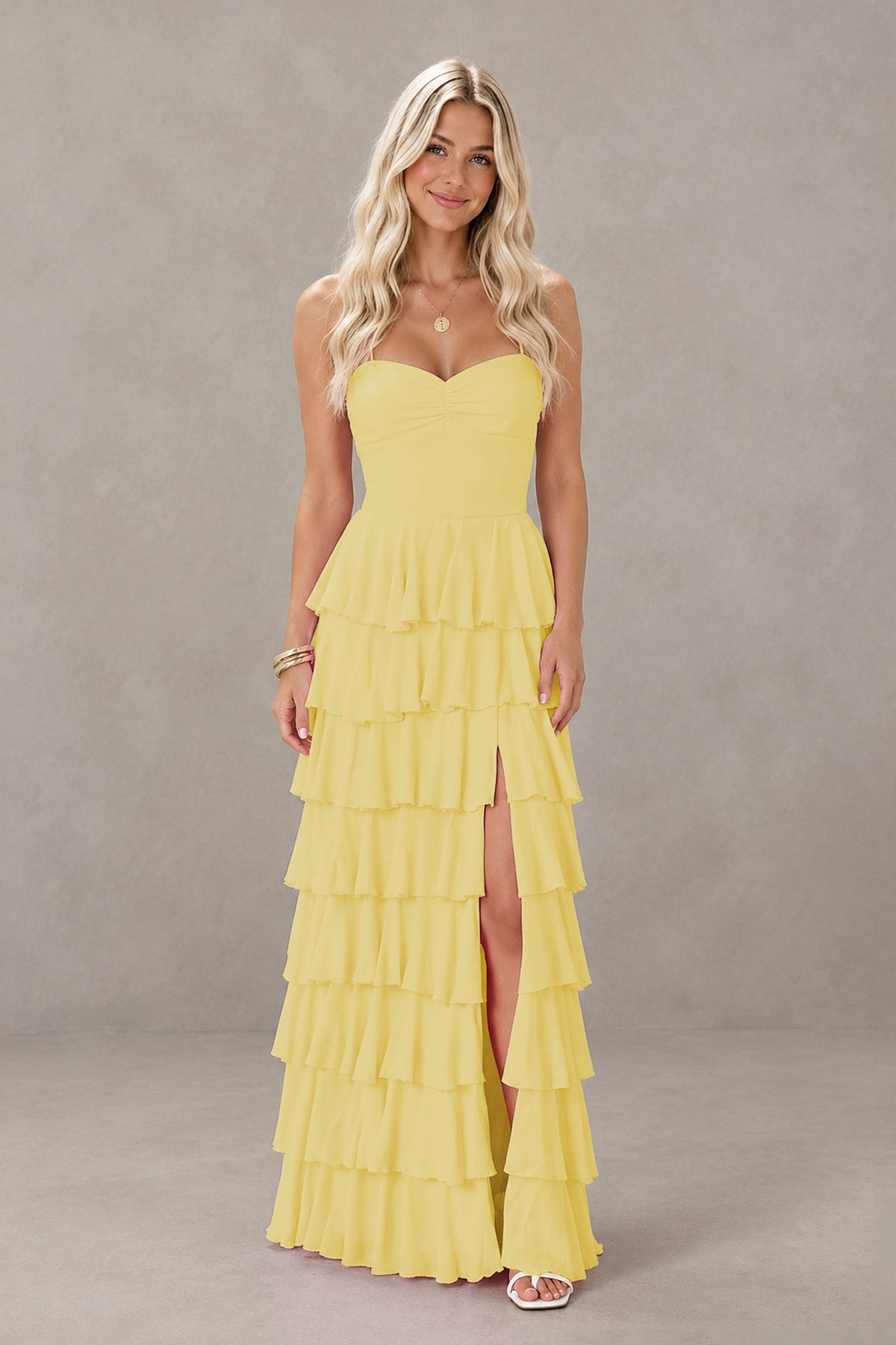 BOLODOO Yellow Strapless Tiered Ruffle Maxi Dress with Slit & Lace-Up Back - Yellow
