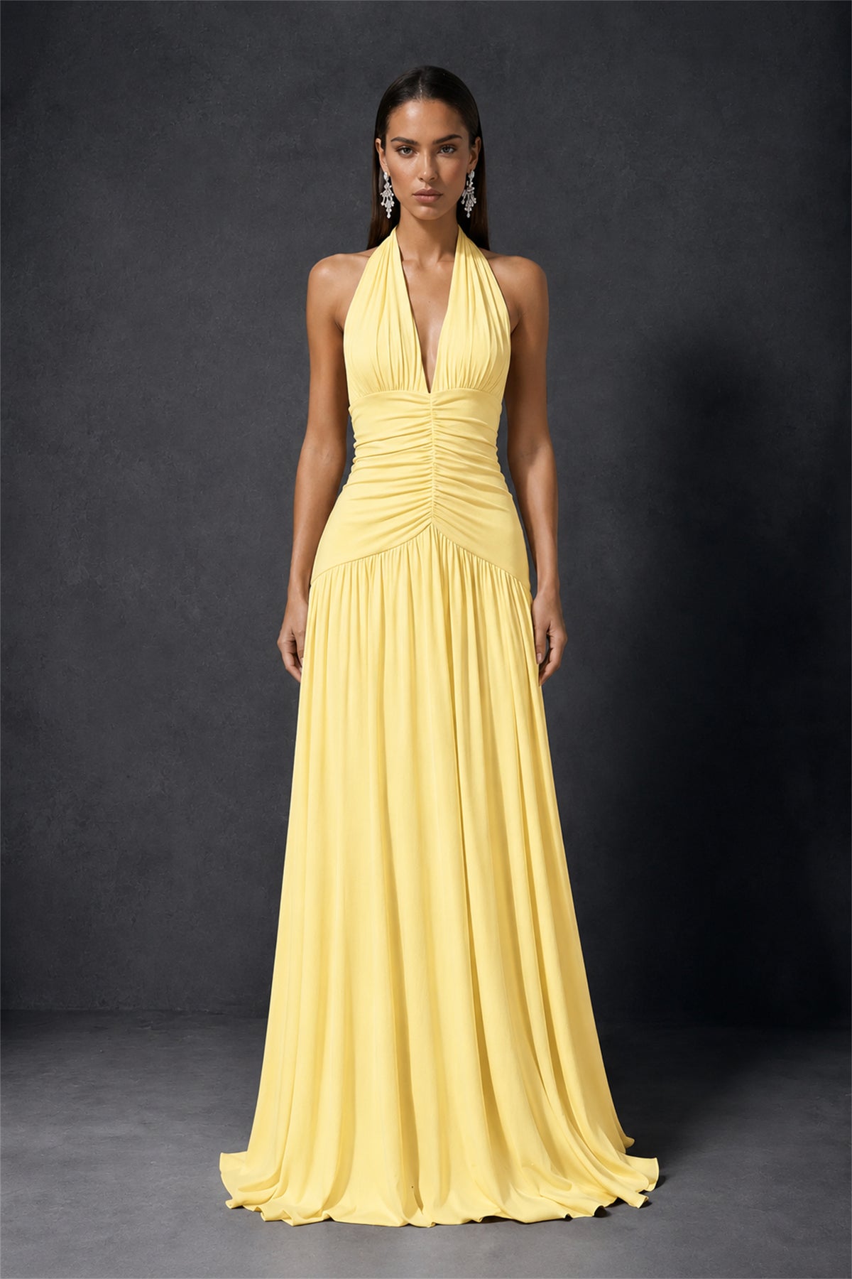 BOLODOO Yellow Halter Deep V-Neck Ruched Chiffon Open Back Maxi Dress with Draped Neck Tie - Yellow