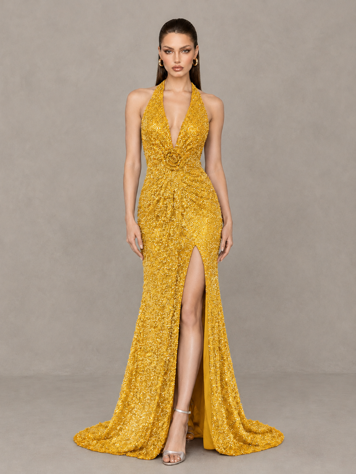BOLODOO Yellow Sequin Halter Open Back Evening Gown with High Slit - Yellow - Yellow (1)