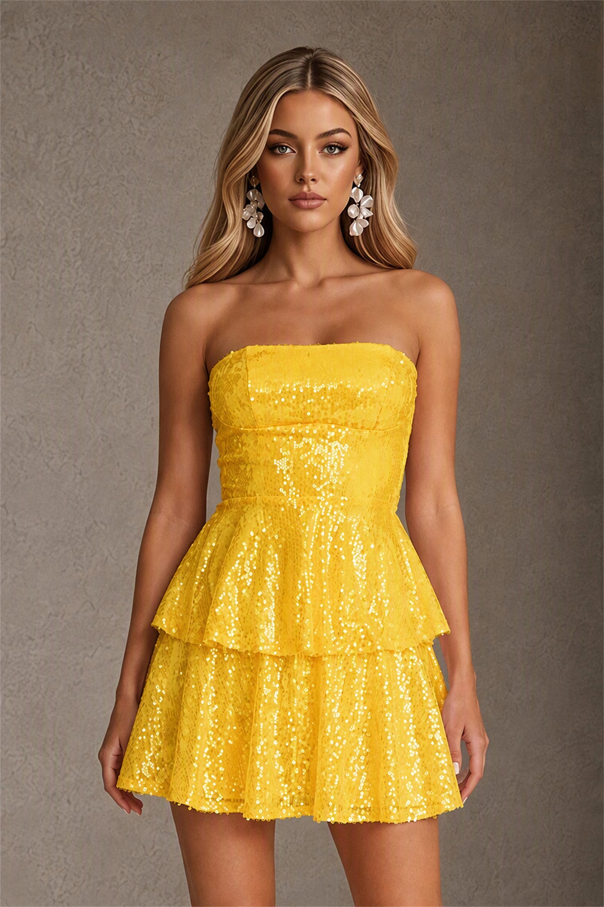 BOLODOO Yellow Iridescent Sequin Strapless Open Back Bow Tiered Mini Dress | Aurora Sequin Ruffle Party Dress - Yellow