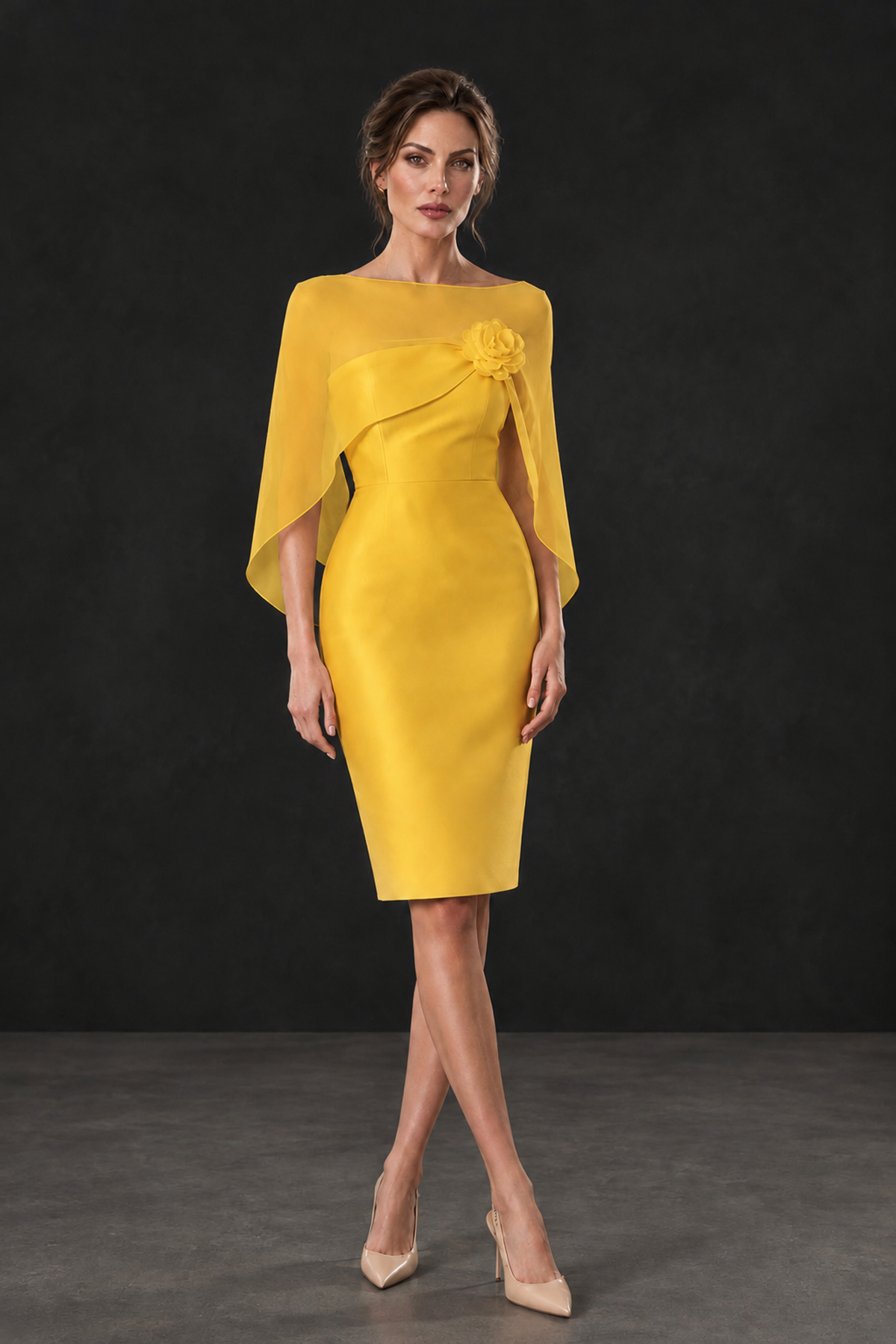 BOLODOO Yellow Cape Knee-Length Mother of the Bride Dress - Yellow - Yellow (1)