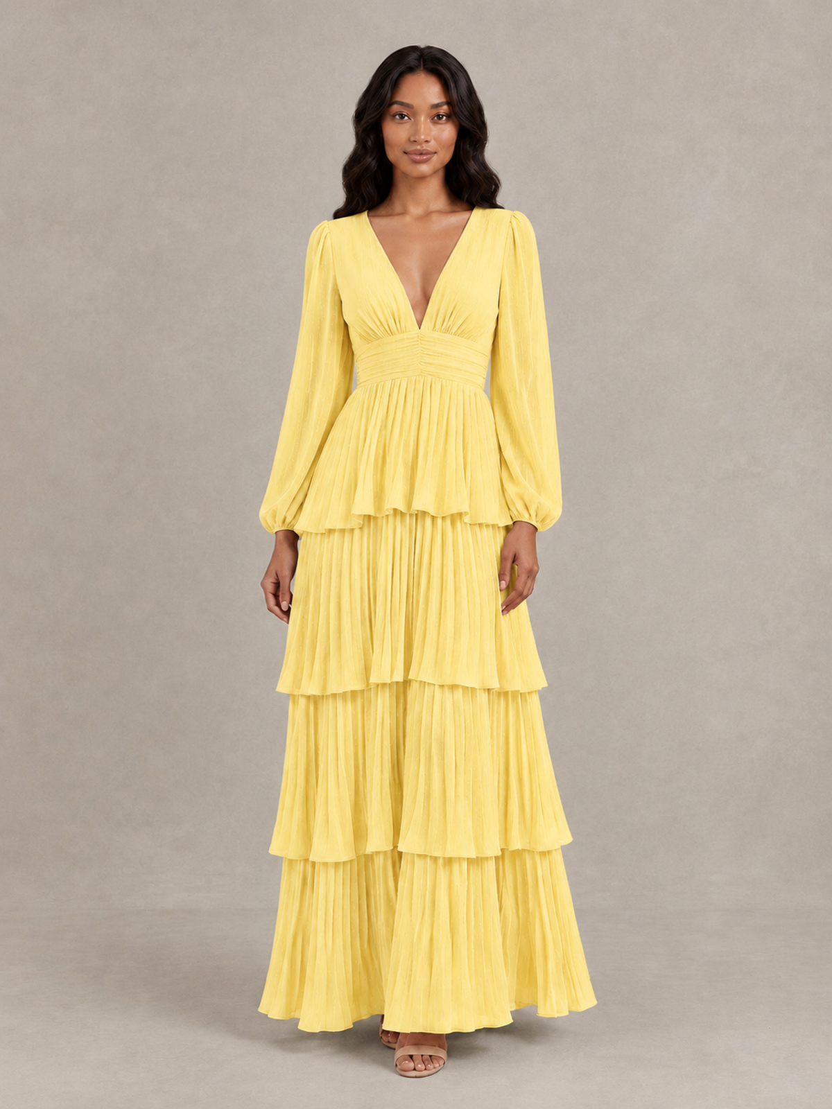 BOLODOO Yellow Long-Sleeve Tiered Maxi Dress with Deep V-Neck - Yellow