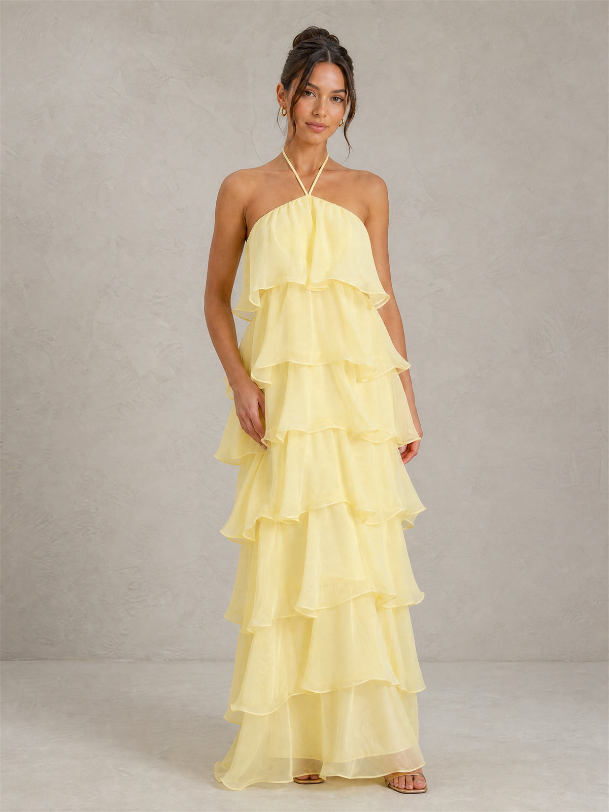 BOLODOO Yellow Halter Tiered Ruffle Chiffon Maxi Dress - Yellow