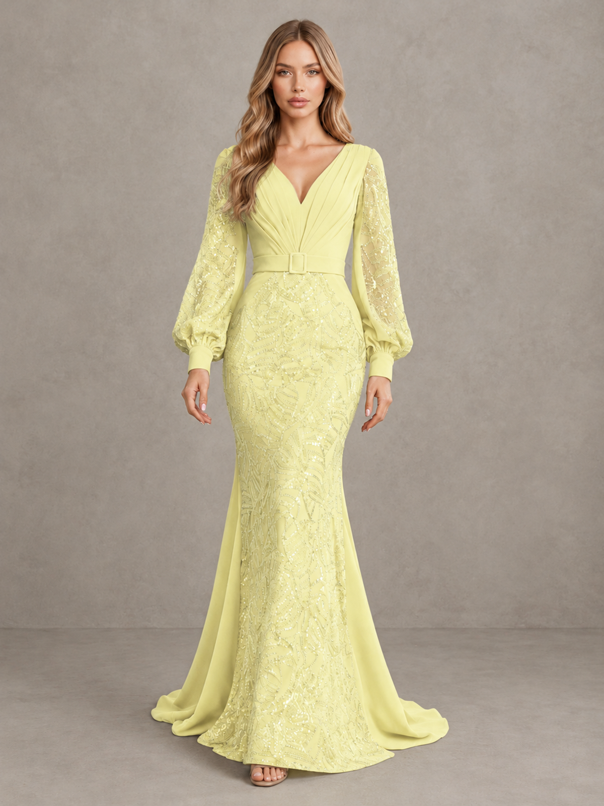 BOLODOO Yellow Sequin Long Bishop Sleeve Mermaid Evening Dress - Yellow - Yellow (1)