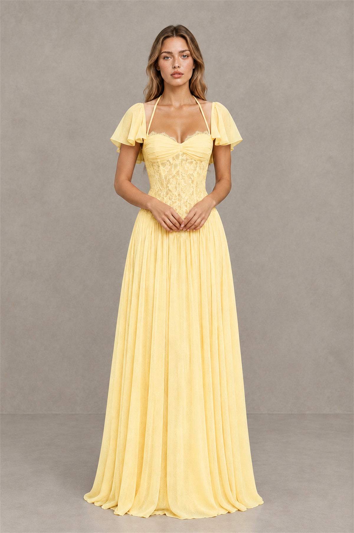 BOLODOO Yellow Flutter Sleeve Lace Corset A-Line Maxi Dress - Yellow - Yellow (1)