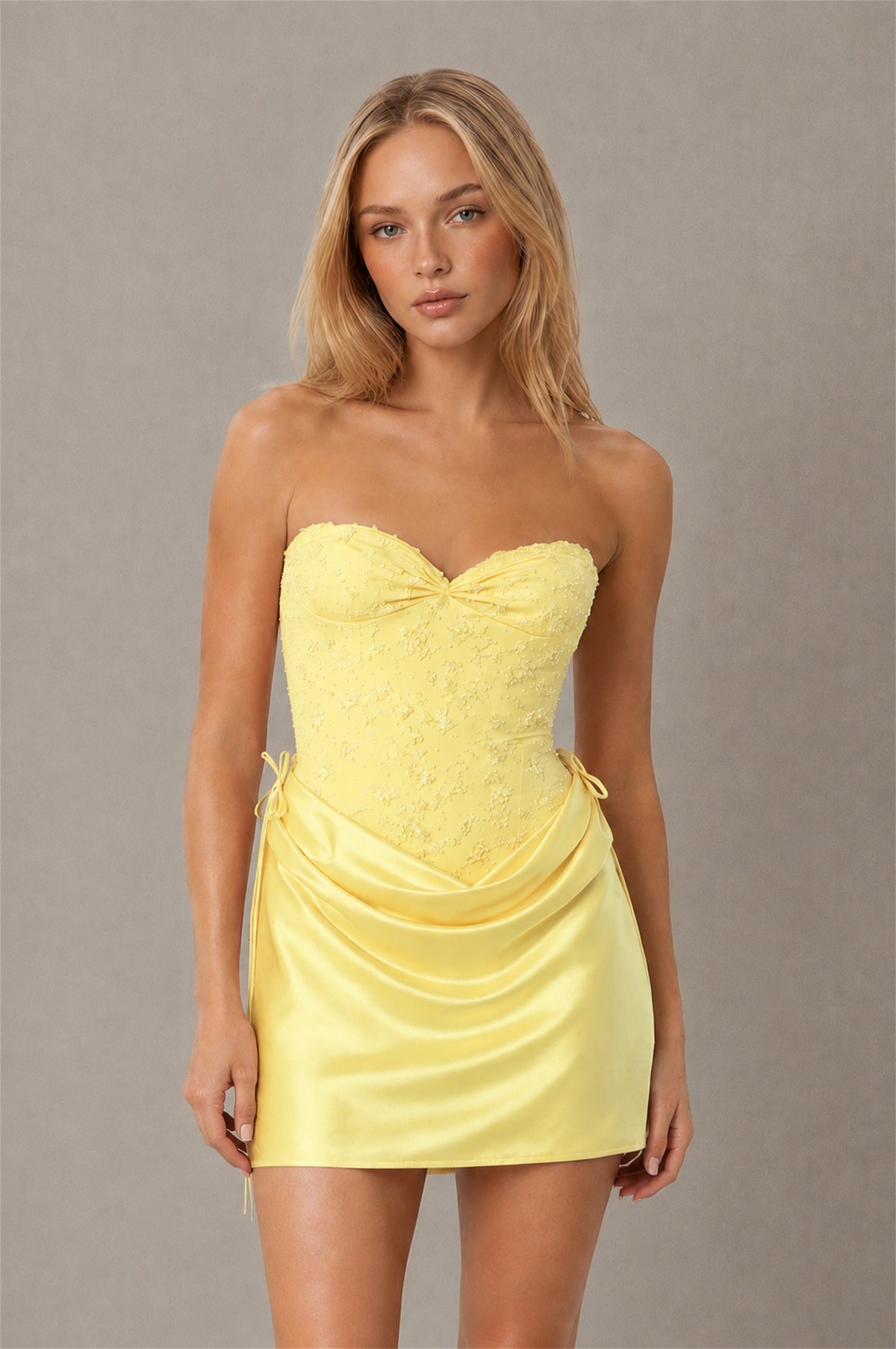 BOLODOO Yellow Lace Corset Strapless Sweetheart Satin Mini Dress with Open Back - Yellow