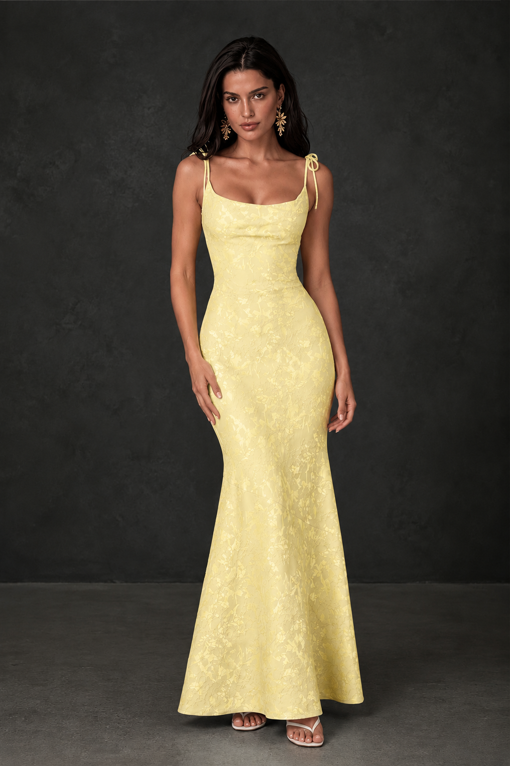 BOLODOO Yellow Scoop Neck Tie Strap Lace-Up Back Floral Jacquard Mermaid Maxi Dress - Yellow