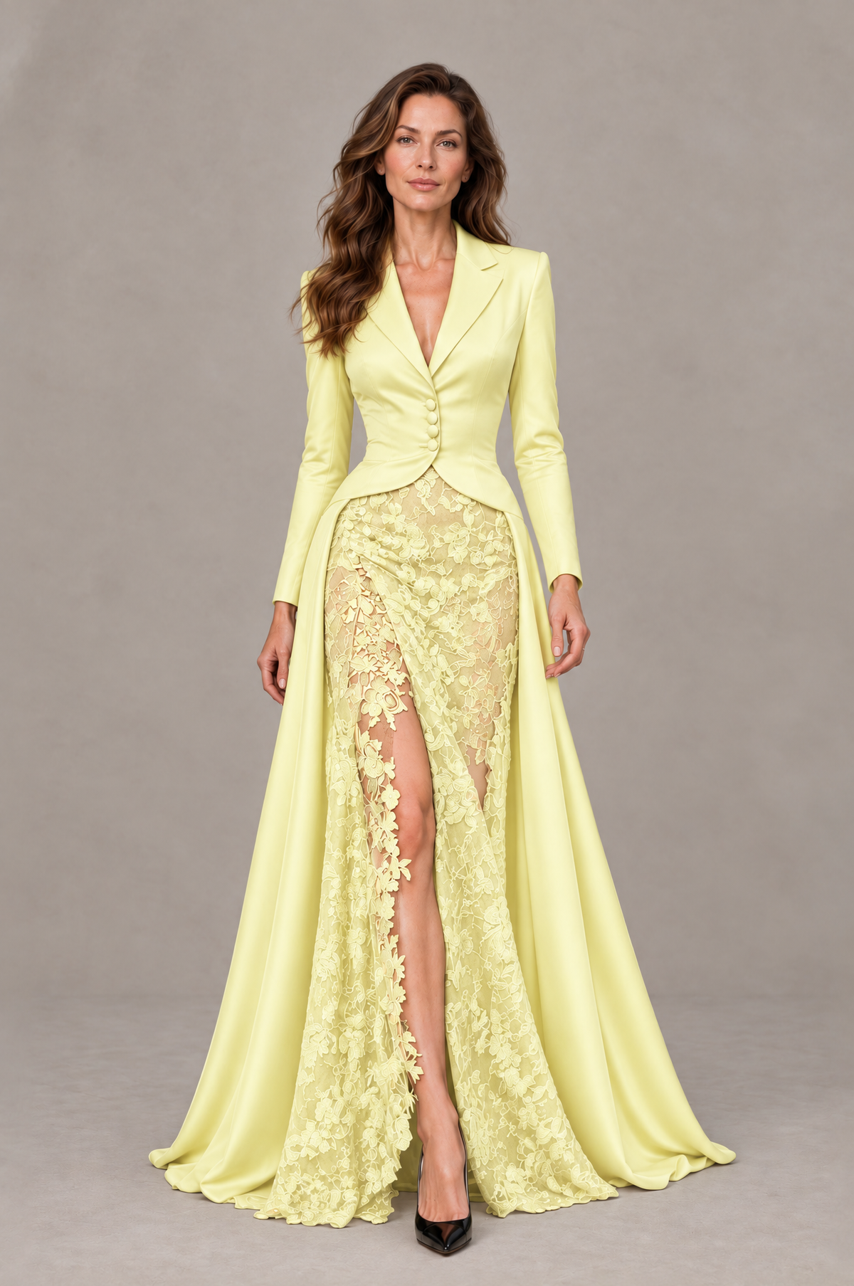 BOLODOO Yellow Long Sleeve Lace Blazer Gown with High Slit - Yellow - Yellow (1)