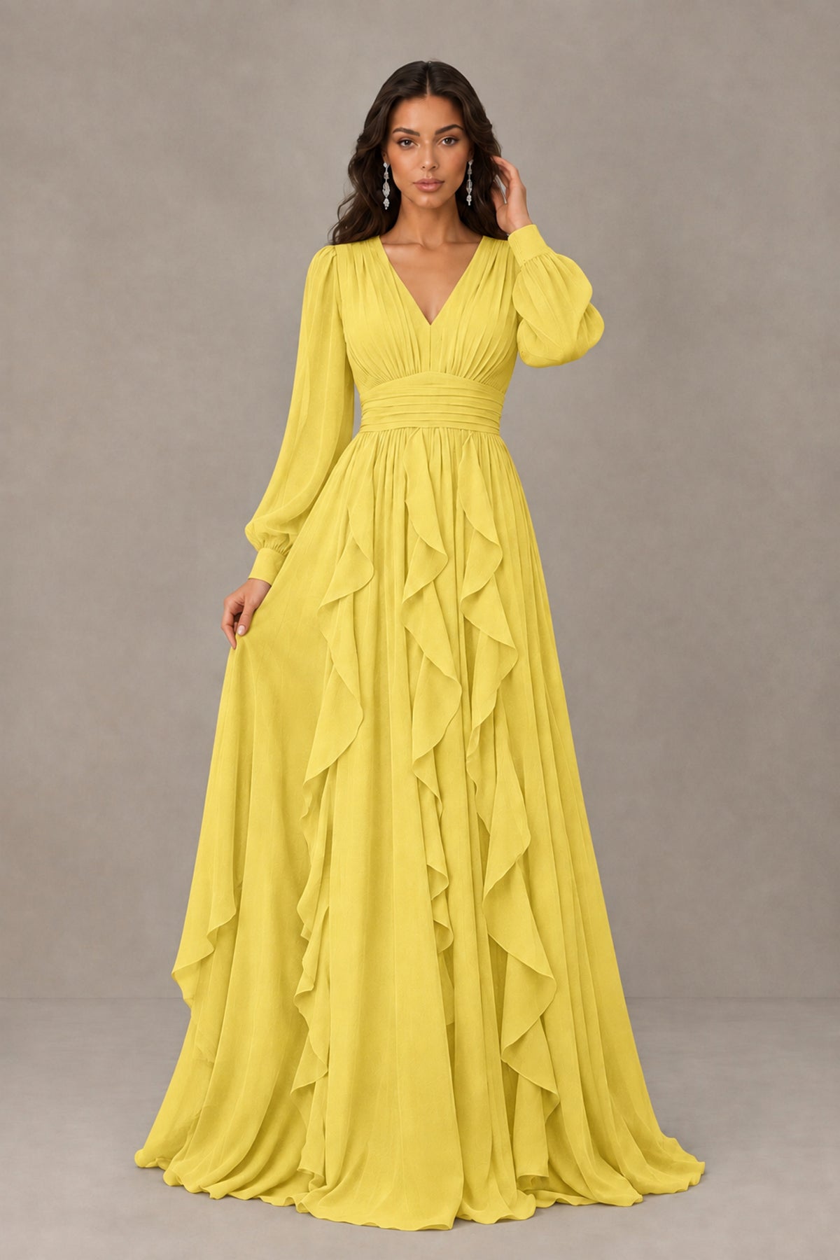 BOLODOO Yellow Long Sleeve V-Neck Ruffle Maxi Dress - Yellow - Yellow (1)
