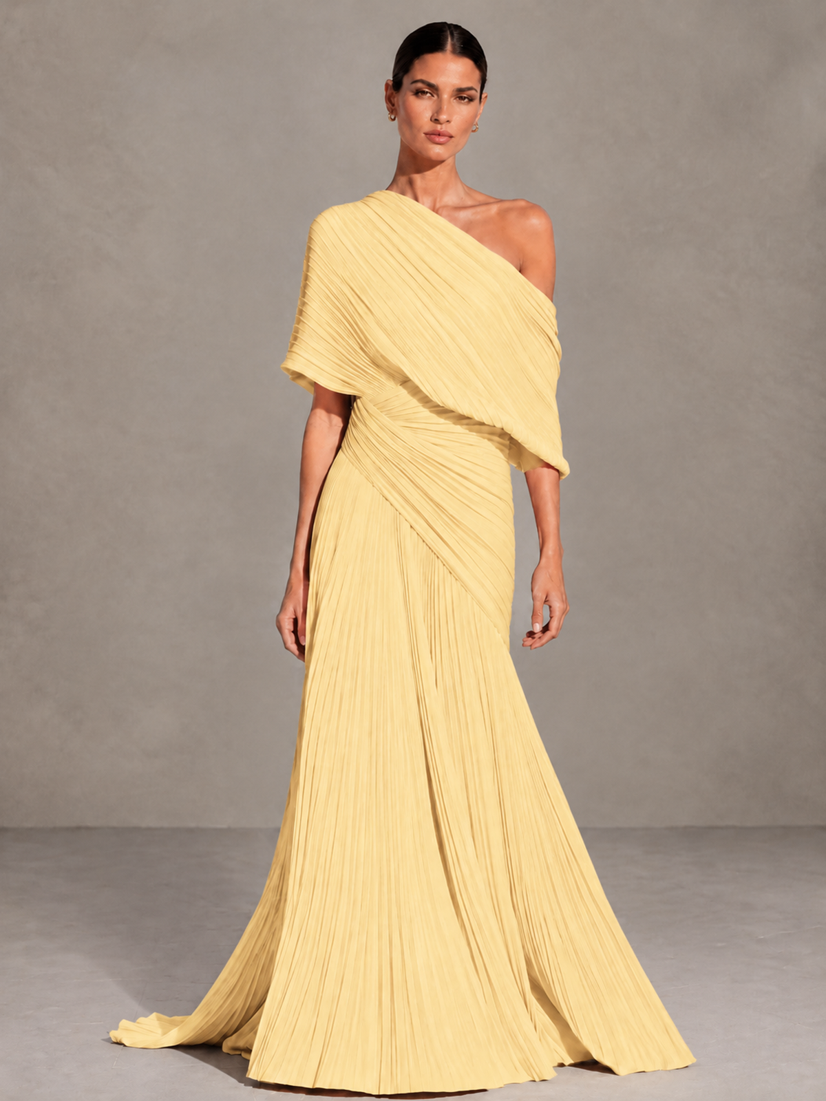 BOLODOO Yellow One-Shoulder Pleated Cape Evening Gown with Train - Yellow - Yellow (1)