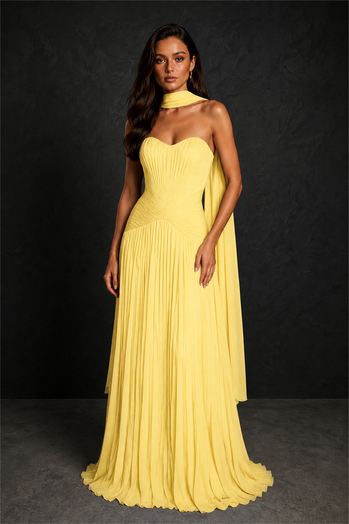 BOLODOO Yellow Sweetheart Strapless Neck Scarf Pleated Backless A-Line Chiffon Maxi Dress - Yellow