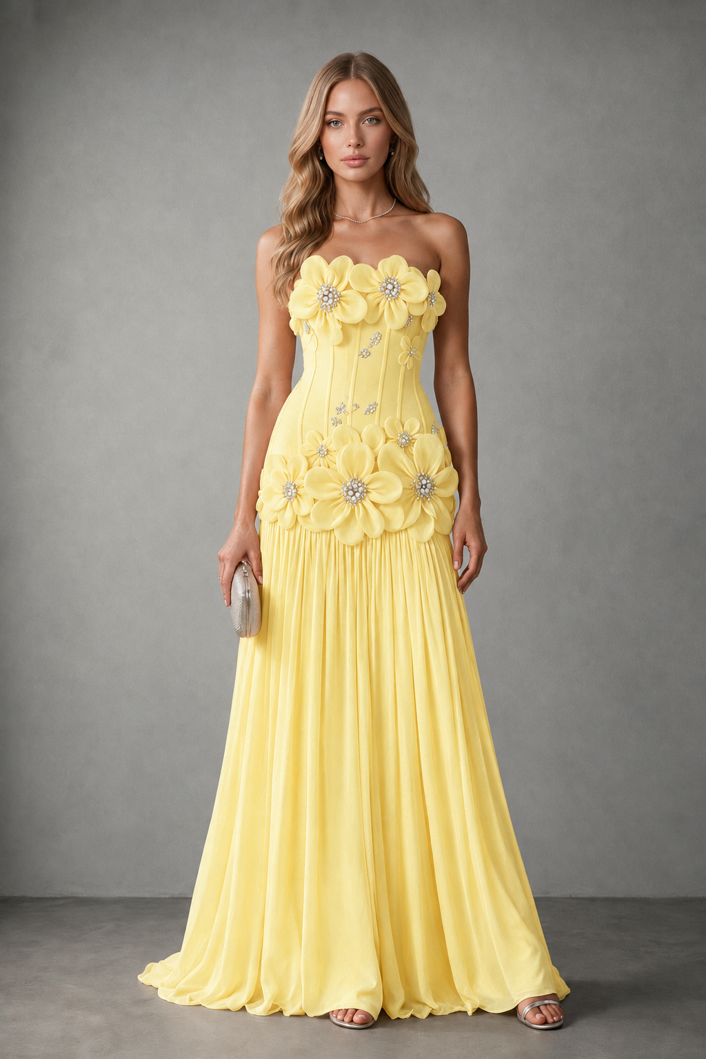 BOLODOO Yellow Strapless Floral Appliqué Evening Gown - Yellow