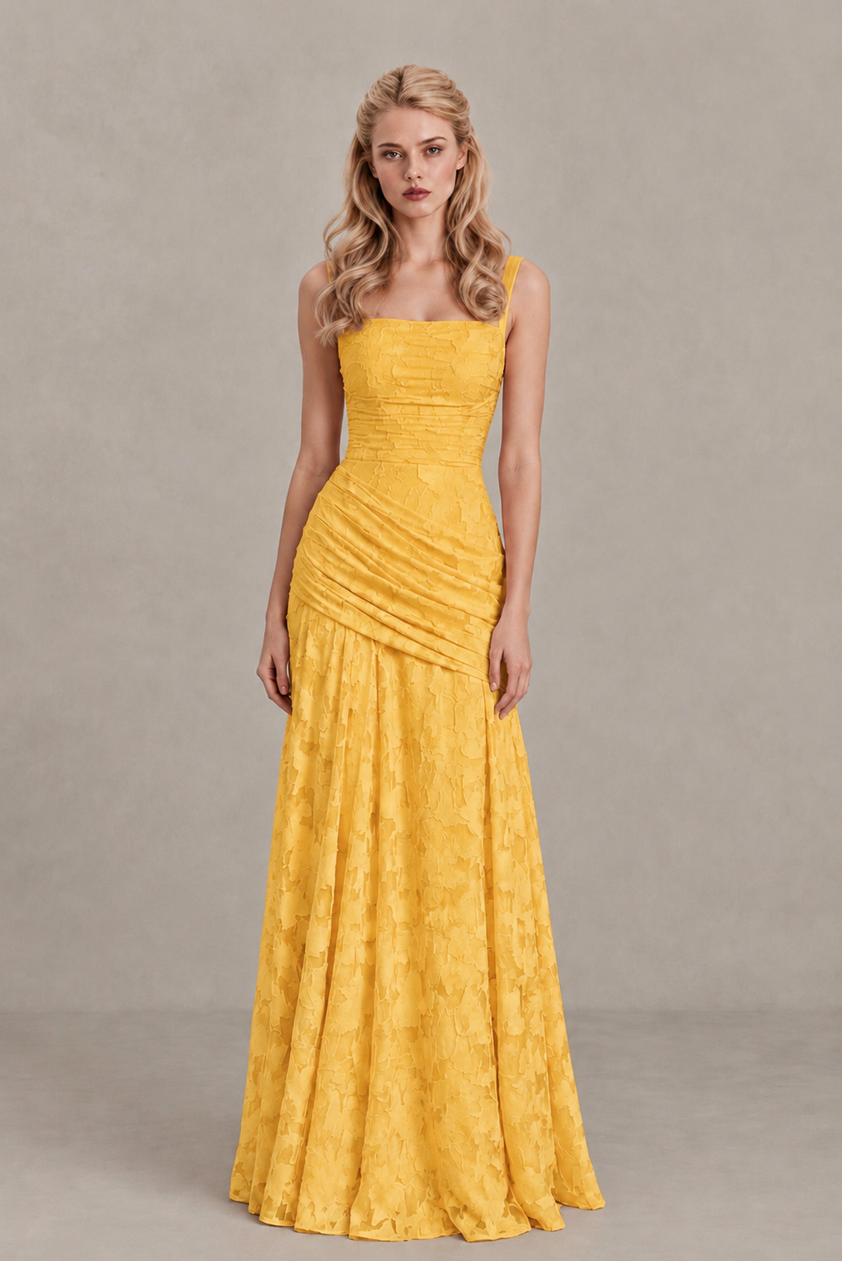 BOLODOO Yellow Ruched Floral Maxi Dress with Lace-Up Back - Yellow