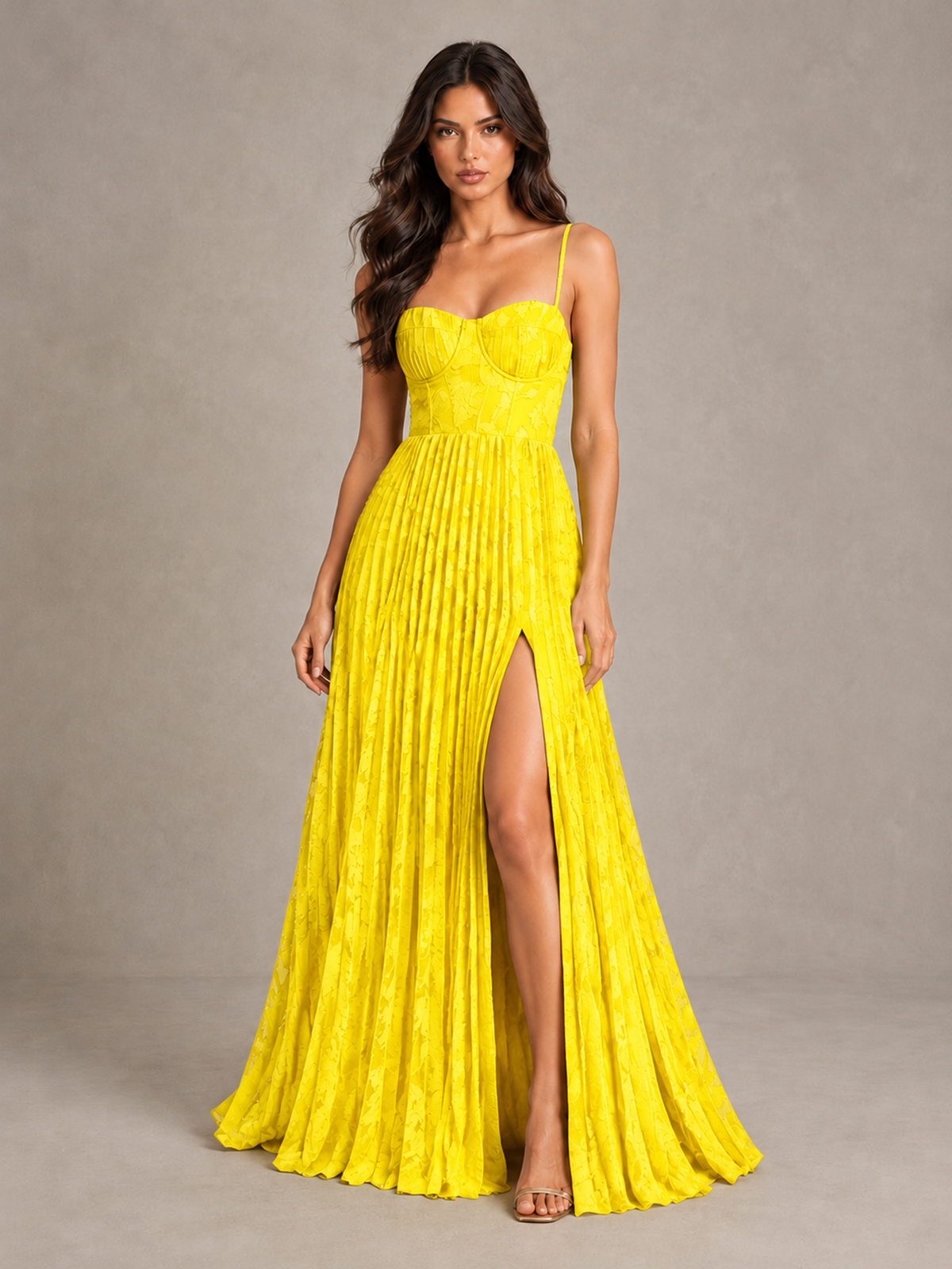 BOLODOO Yellow Pleated Bridesmaid Dress with Sweetheart Neckline & Slit - Yellow - Yellow (1)
