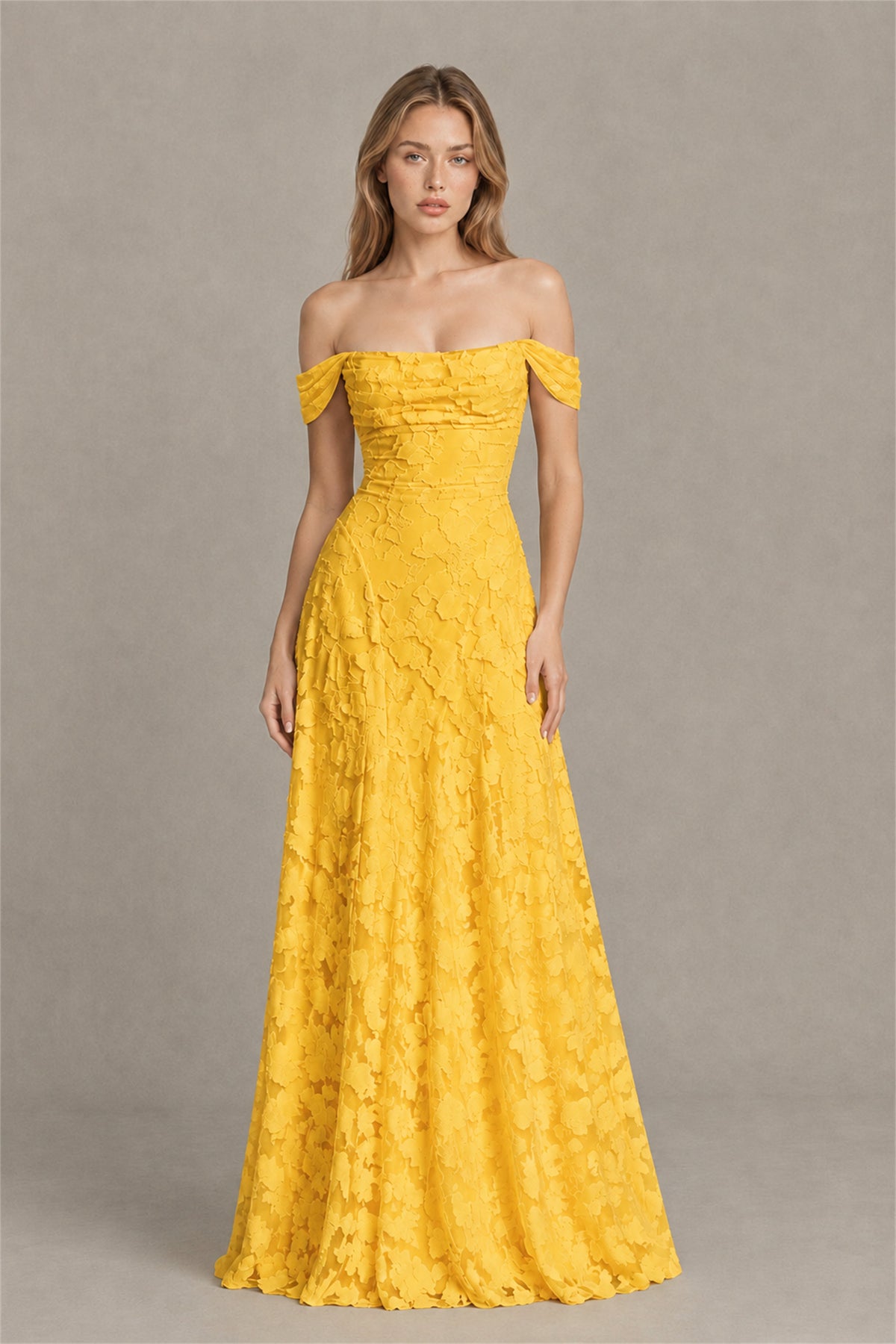BOLODOO Yellow Off-Shoulder Pleated A-Line Maxi Dress Floral - Yellow