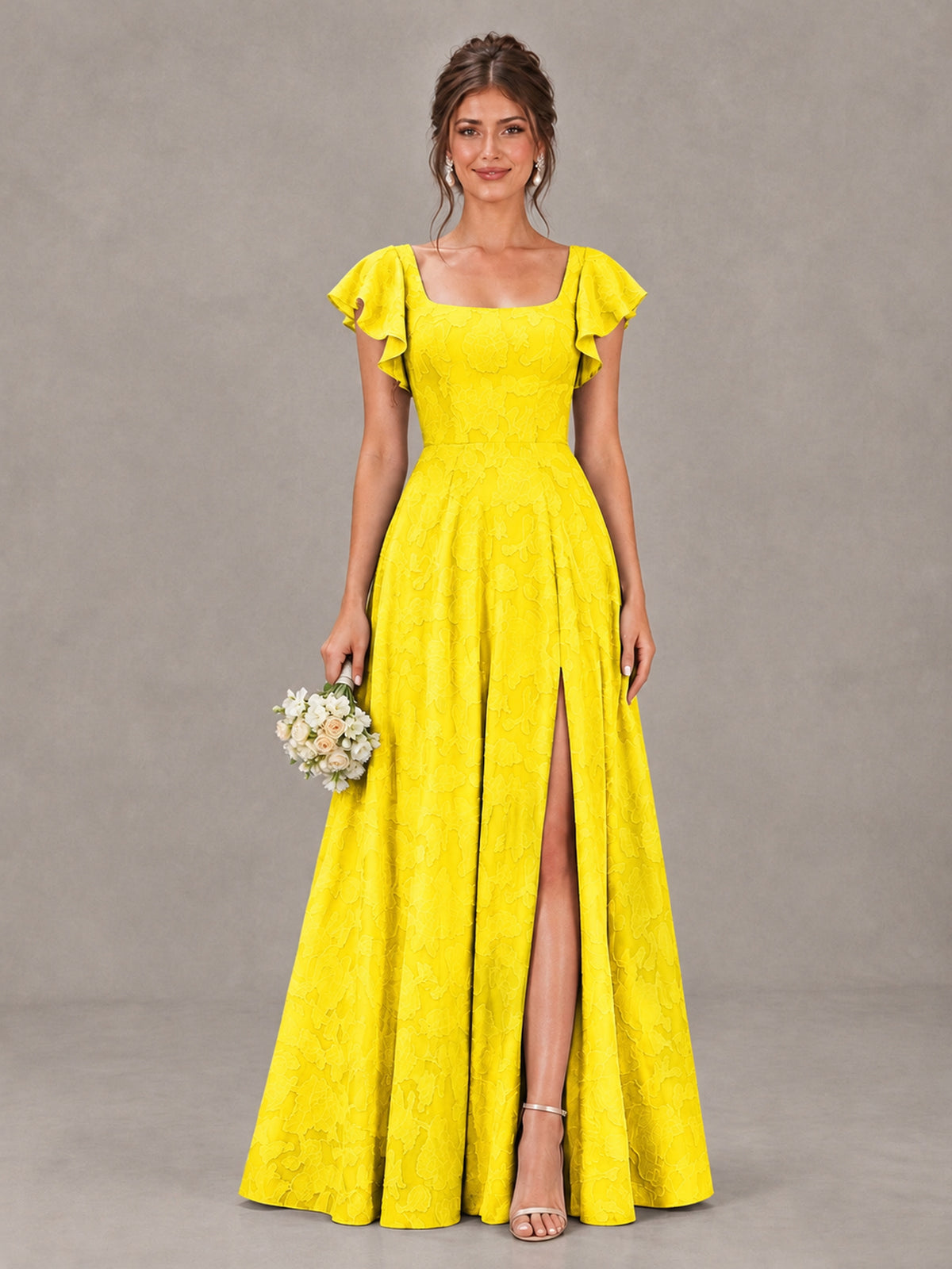 BOLODOO Yellow Floral Flutter Sleeve Bridesmaid Dress with Slit - Yellow - Yellow (1)