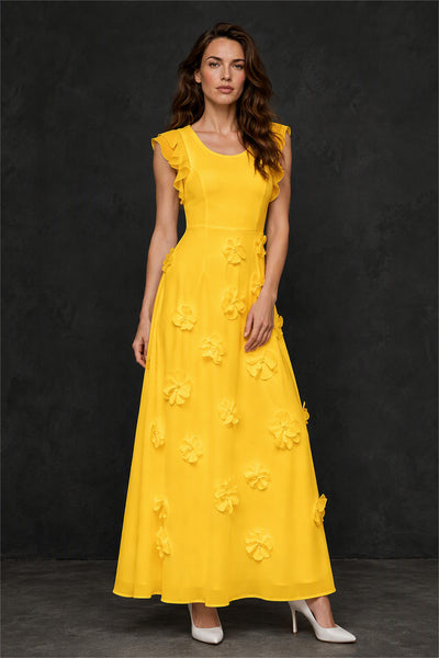 BOLODOO Yellow Scoop Neck Flutter Sleeve 3D Floral Appliqué A-Line Chiffon Maxi Dress - Yellow