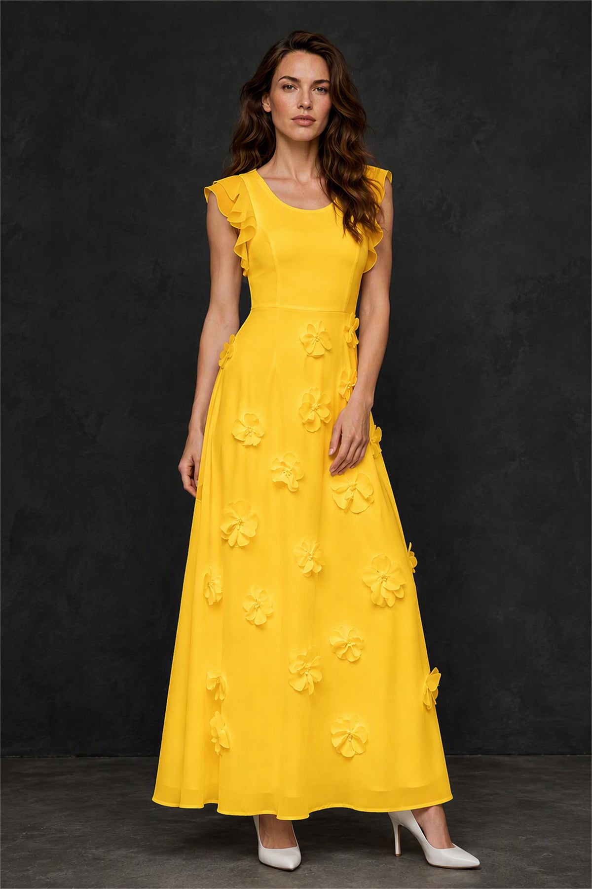 BOLODOO Yellow Scoop Neck Flutter Sleeve 3D Floral Appliqué A-Line Chiffon Maxi Dress - Yellow