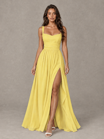 BOLODOO Yellow A-Line Bridesmaid Dress with High Slit & Lace-Up Back - Yellow - Yellow (1)