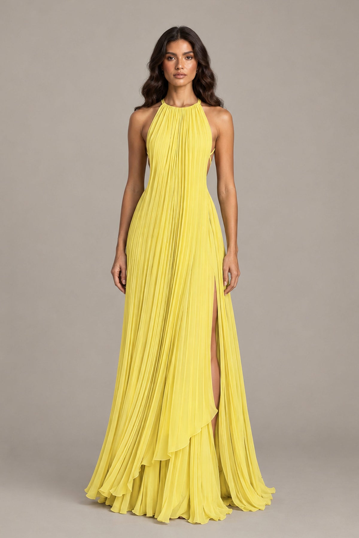 BOLODOO Yellow Halter Neck Pleated Chiffon Maxi Dress with Side Slit - Yellow