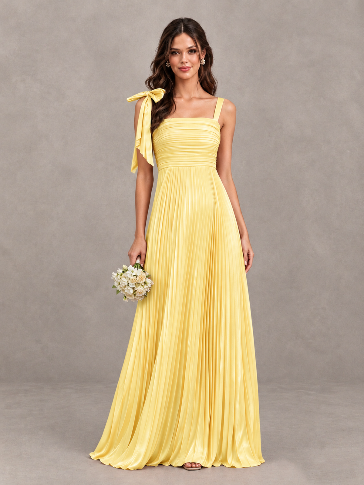 BOLODOO Yellow Pleated Bow-Strap Bridesmaid Maxi Dress - Yellow - Yellow (1)