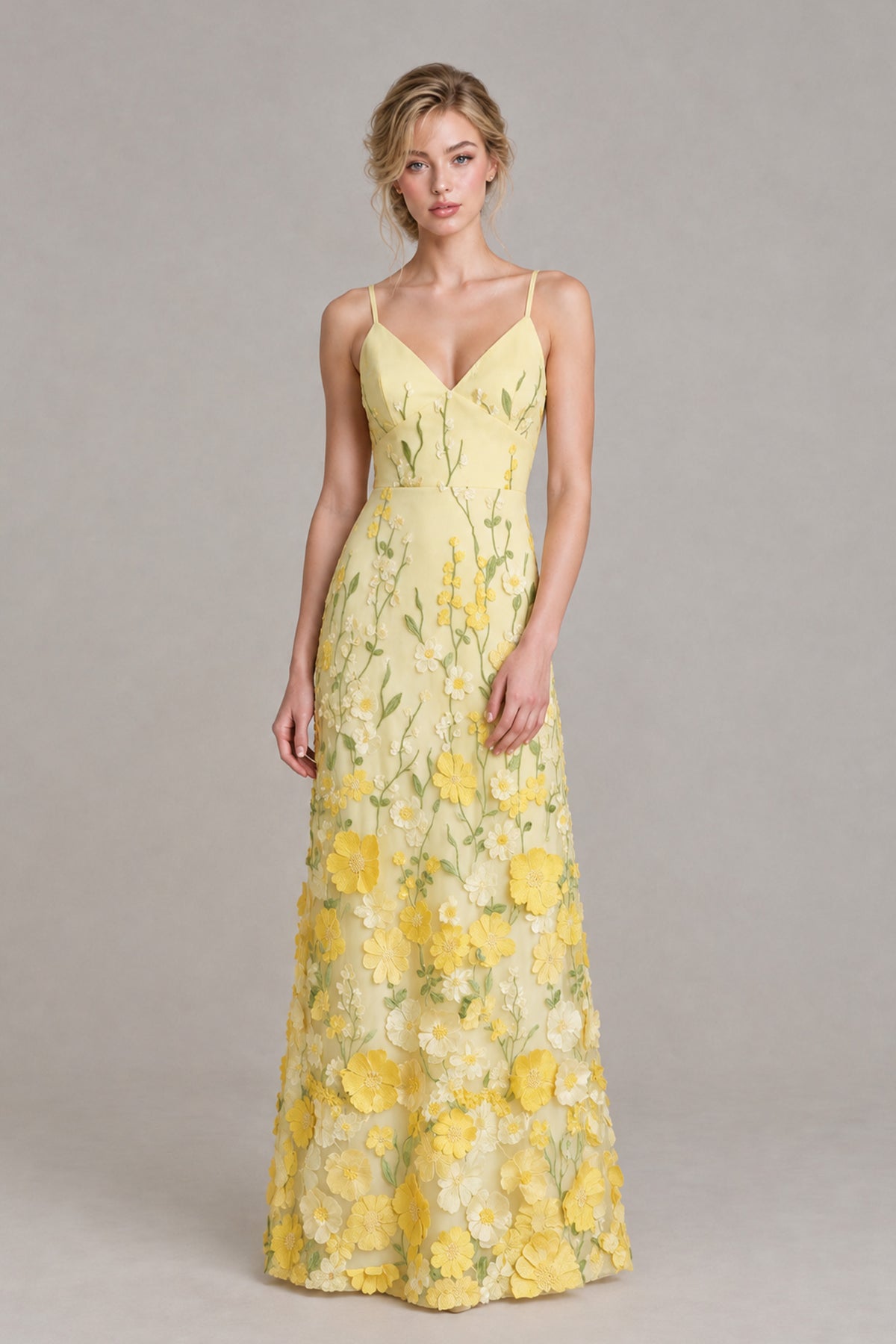 BOLODOO Yellow 3D Floral Appliqué Spaghetti Strap Maxi Dress - Yellow