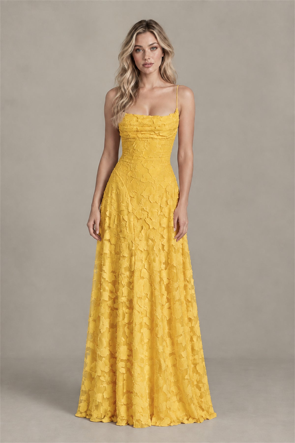 BOLODOO Yellow Floral Appliqué Lace-Up Back Maxi Dress - Yellow