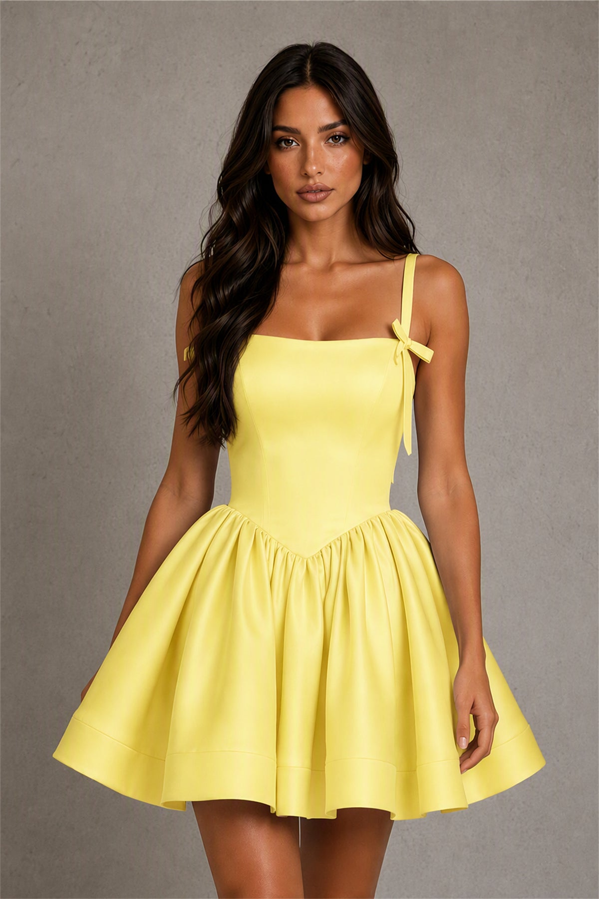 BOLODOO Baby Yellow Satin Square Neck Bow Strap Lace-Up Back Bubble Mini Dress | Cocktail Party Date Night Dress - Yellow