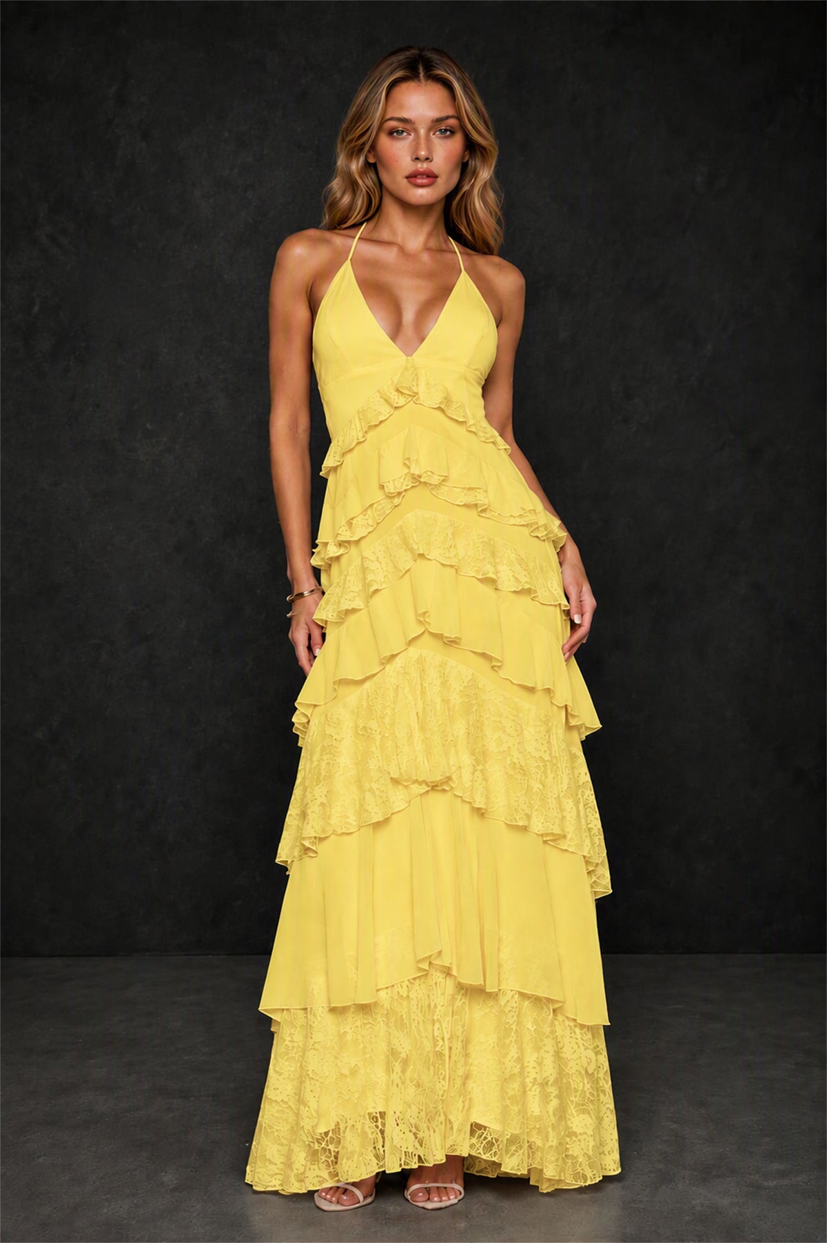 BOLODOO Yellow Tiered Ruffle Lace Halter Backless Maxi Dress - Yellow