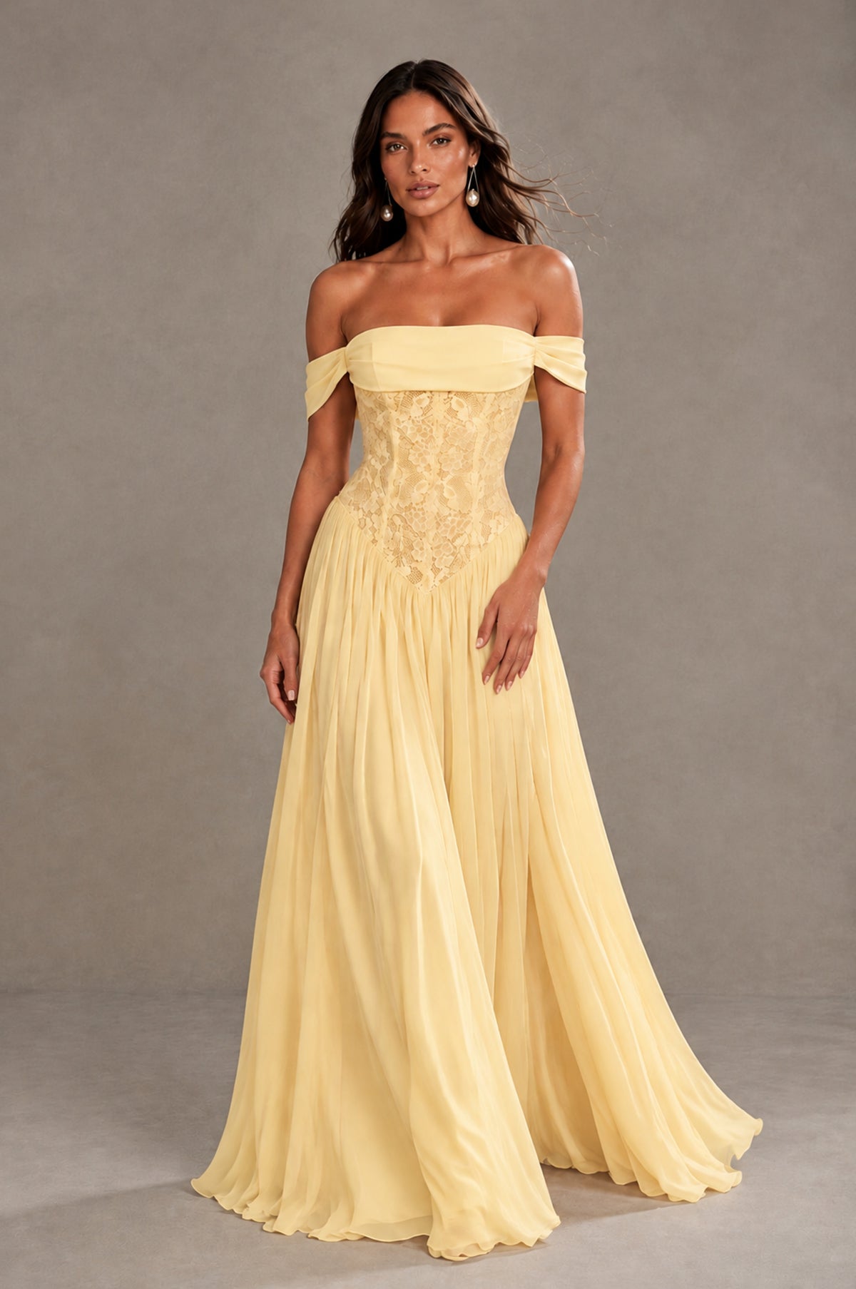BOLODOO Yellow Off-Shoulder Lace Corset Tulle Maxi Dress - Yellow - Yellow (1)