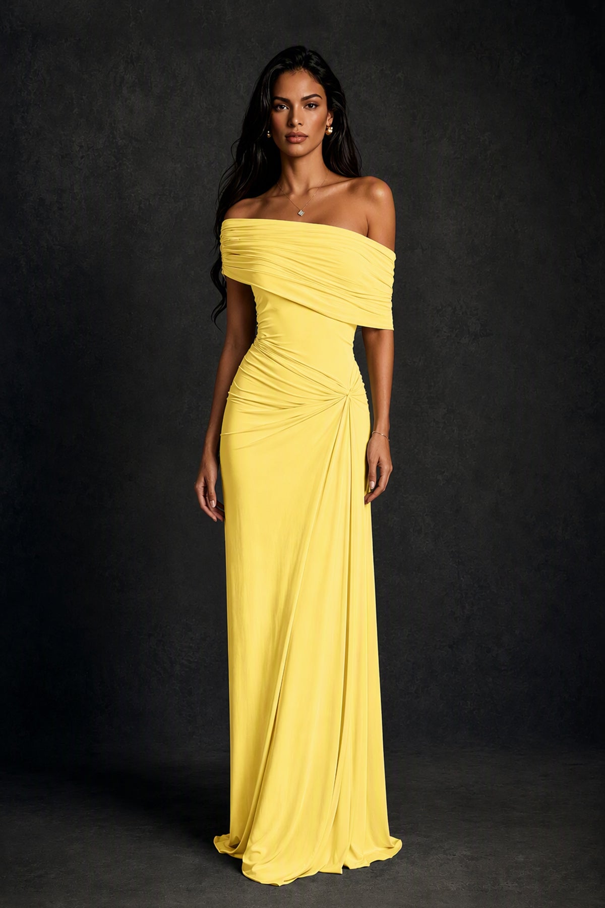 BOLODOO Yellow Off-Shoulder Ruched Maxi Dress - Yellow