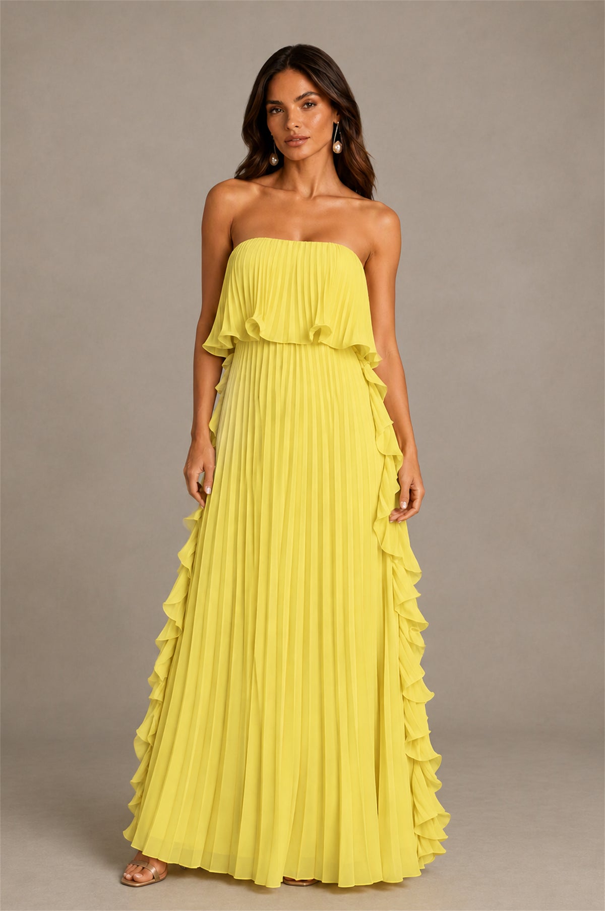 BOLODOO Yellow Strapless Ruffle Bodice Dual Cascading Ruffle Accordion Pleated Chiffon Maxi Dress - Yellow