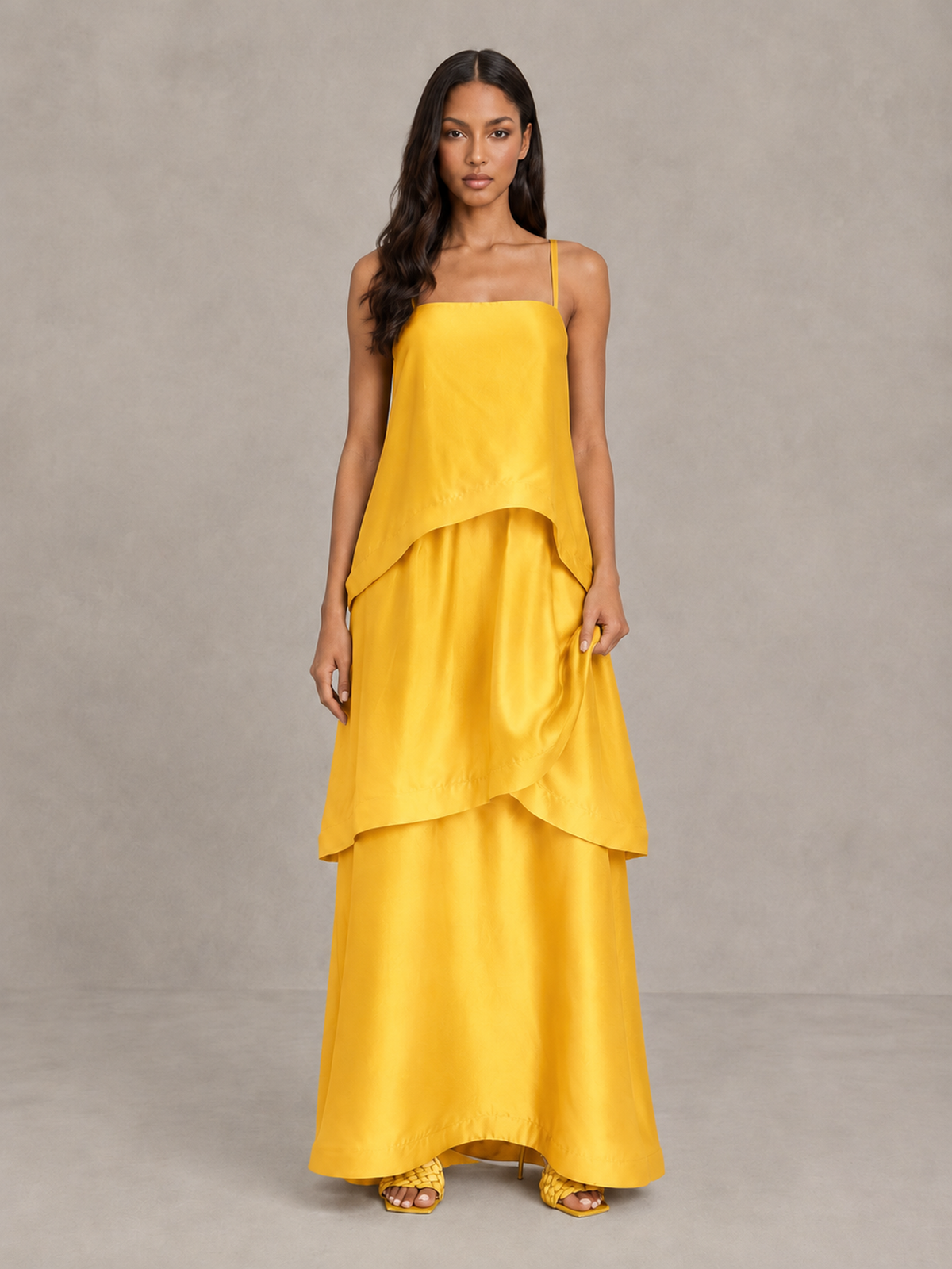 BOLODOO Yellow Satin Tiered Maxi Dress with Spaghetti Straps - Yellow
