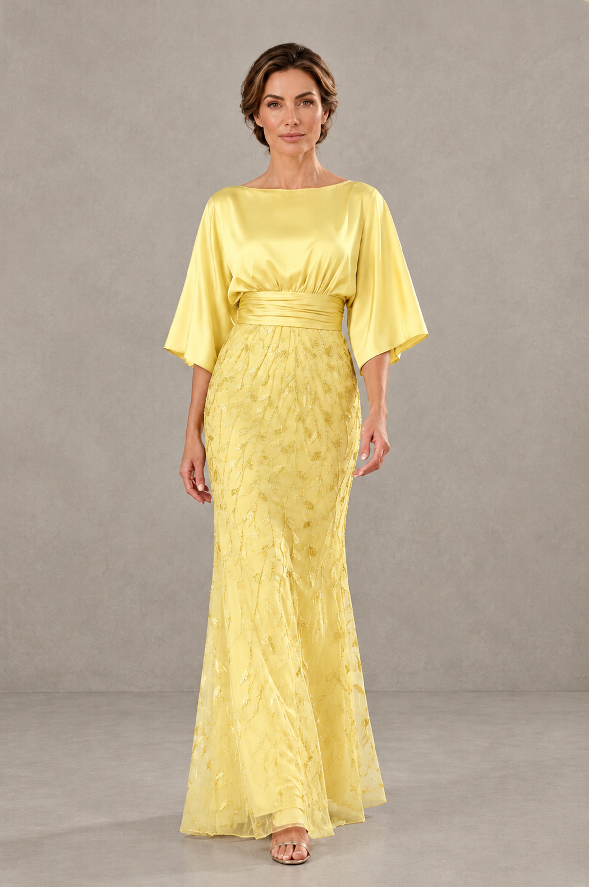 BOLODOO Yellow Mother of the Bride Dress with Kimono Sleeves, Satin Bodice & Sequin Embroidered Mermaid Floor-Length Gown - Yellow - Yellow (1)