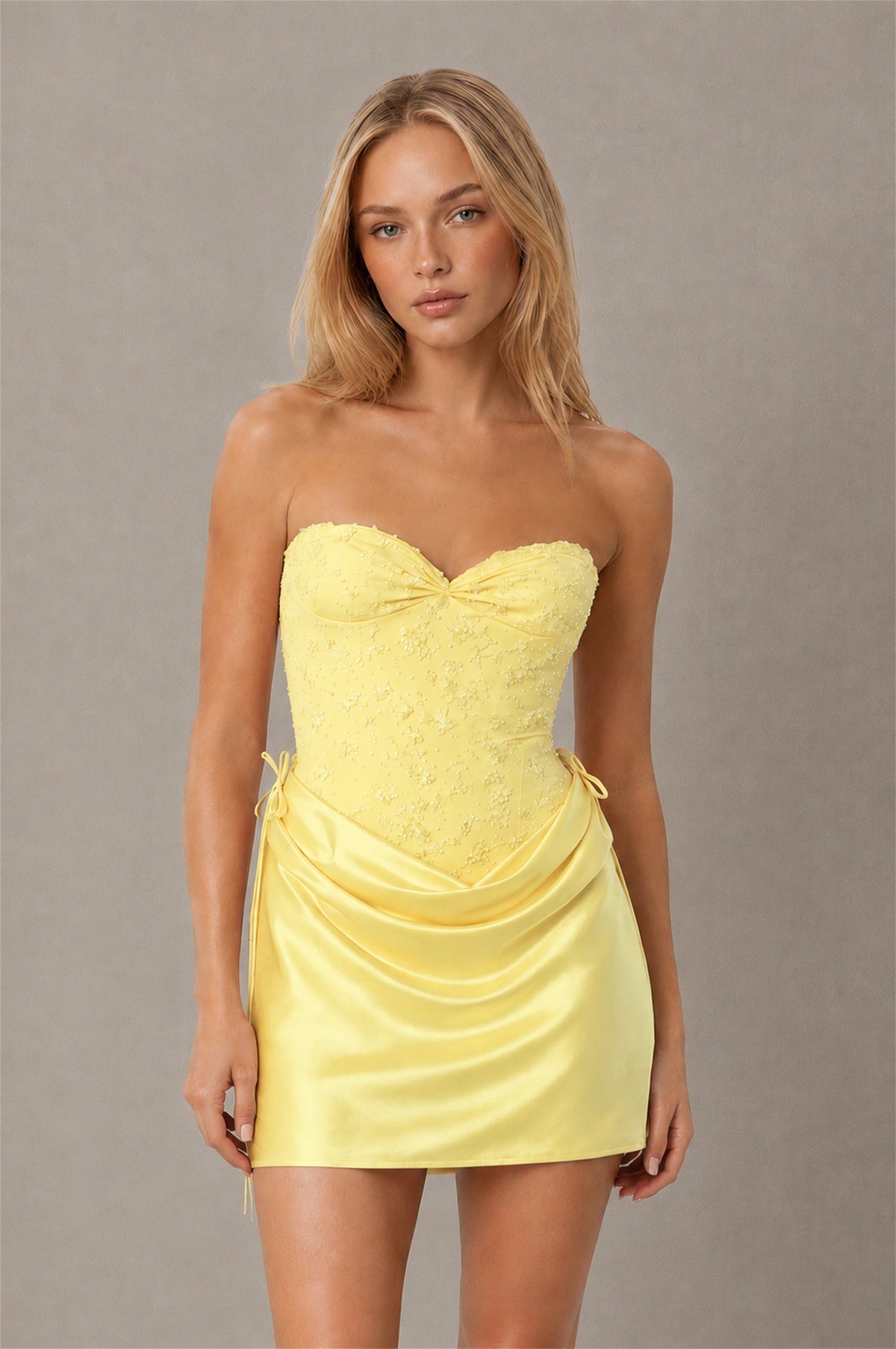 BOLODOO Yellow Lace Corset Strapless Mini Dress with Satin Ruched Skirt & Lace-Up Back - Yellow