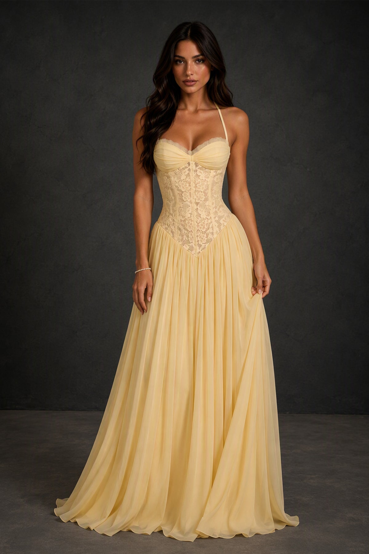 BOLODOO Yellow Lace Corset Halter Maxi Gown – Backless A-Line Formal Dress - Yellow