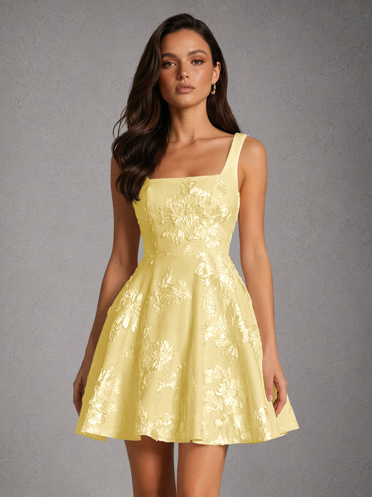 BOLODOO Pearl Yellow Iridescent Floral Embroidered Square Neck Wide Strap A-Line Mini Dress with Lace-Up Back - Yellow