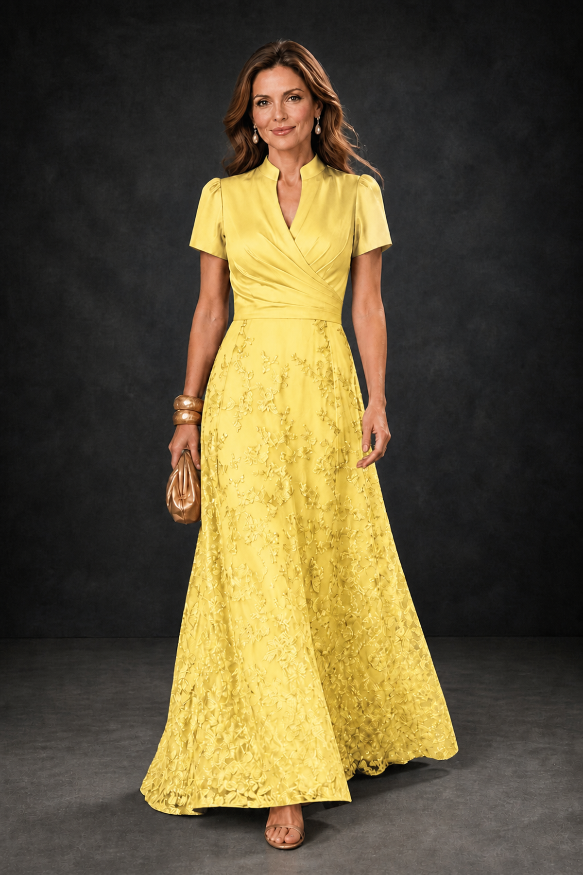 BOLODOO Yellow Satin Wrap V-Neck Short Sleeve Lace Glitter A-Line Floor Length Evening Gown – Formal Dress - Yellow - Yellow (1)