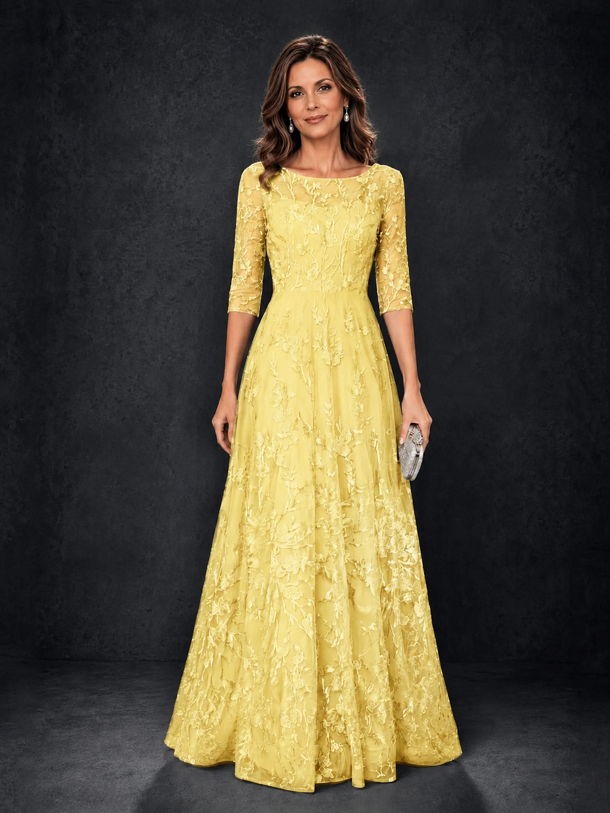 BOLODOO Yellow Illusion Bateau Neck 3/4 Sleeve Floral Lace A-Line Mother of the Bride Dress MX007 - Yellow