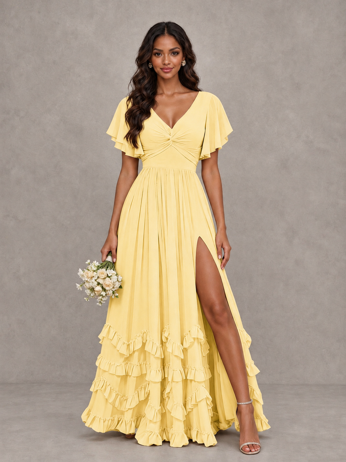 BOLODOO Yellow V-Neck Flutter Sleeve Ruffle Bridesmaid Dress with Slit - Yellow - Yellow (1)