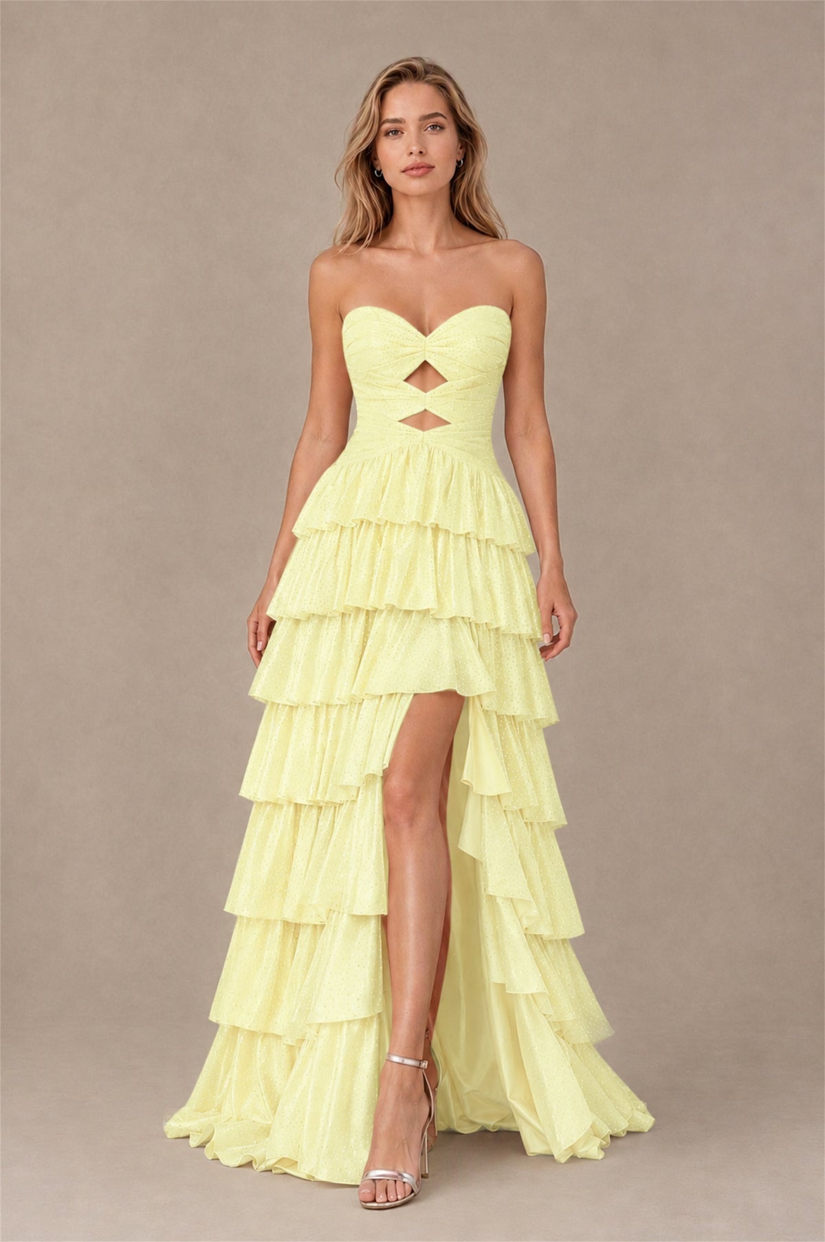 BOLODOO Yellow Strapless Cutout Tiered Ruffle Prom Dress with High Slit - Yellow - Yellow (1)